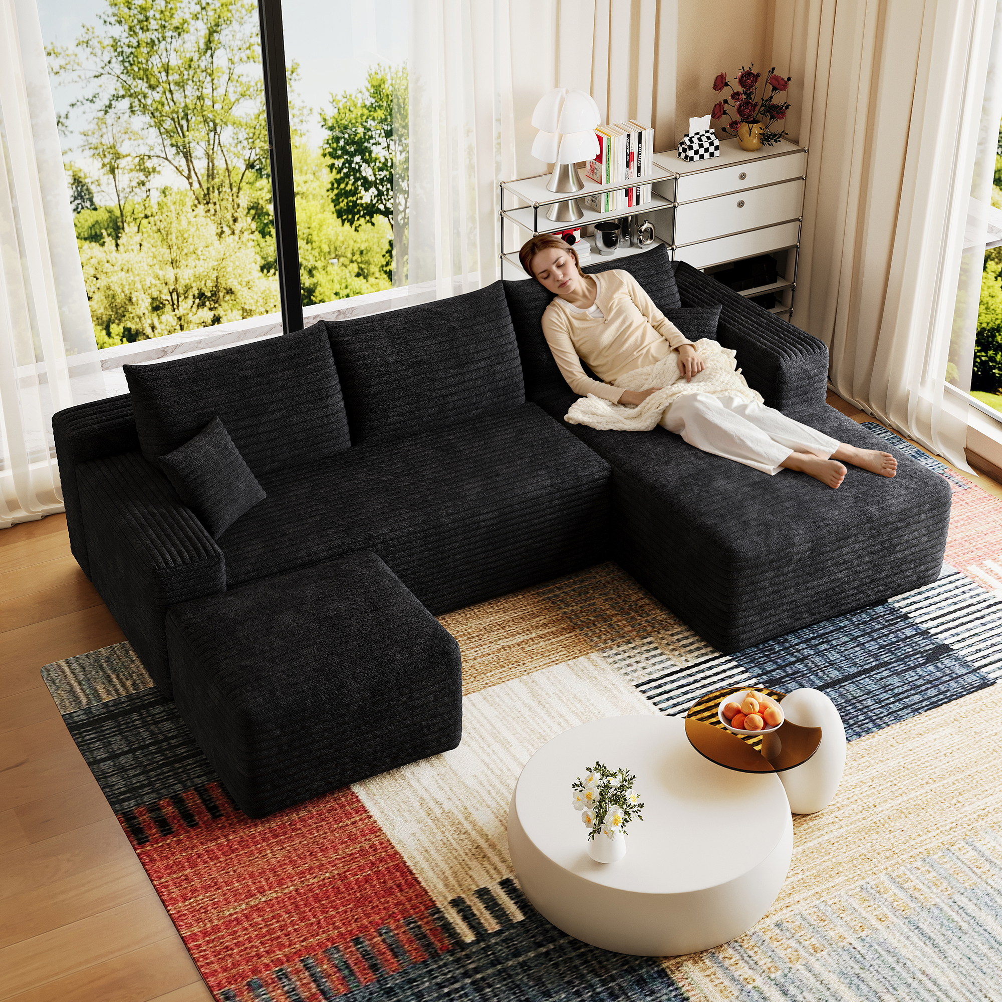 95" Cloud Sectional Sofa with 1 Ottoman,Modern Minimalist Upholstered Couches, Comfort U Shaped Sofa for Living Room,Deep Seat Corner Couch,No Assembly Required,Black (Plush Corduroy Fabric) - Image 4