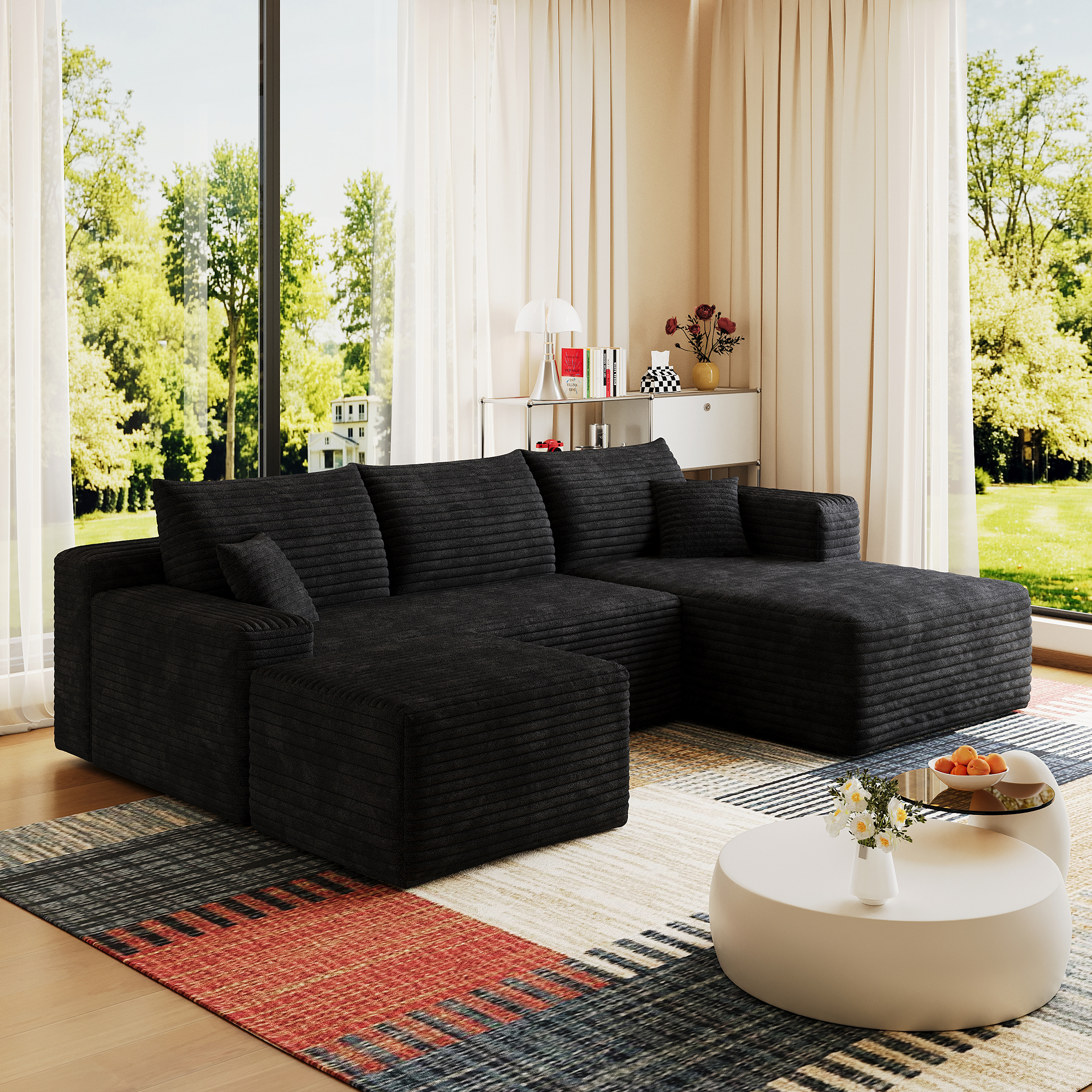 95" Cloud Sectional Sofa with 1 Ottoman,Modern Minimalist Upholstered Couches, Comfort U Shaped Sofa for Living Room,Deep Seat Corner Couch,No Assembly Required,Black (Plush Corduroy Fabric) - Image 5