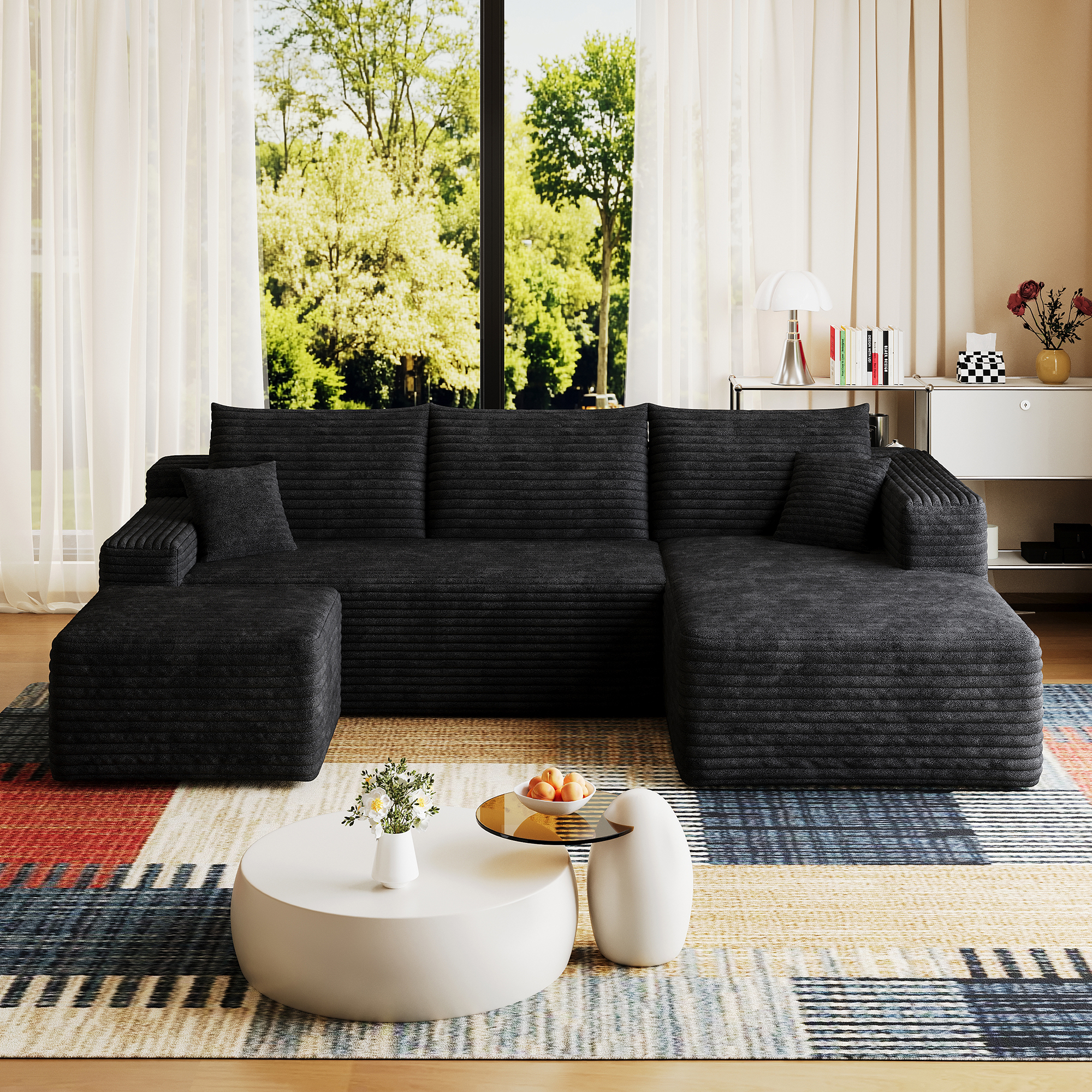95" Cloud Sectional Sofa with 1 Ottoman,Modern Minimalist Upholstered Couches, Comfort U Shaped Sofa for Living Room,Deep Seat Corner Couch,No Assembly Required,Black (Plush Corduroy Fabric) - Image 6