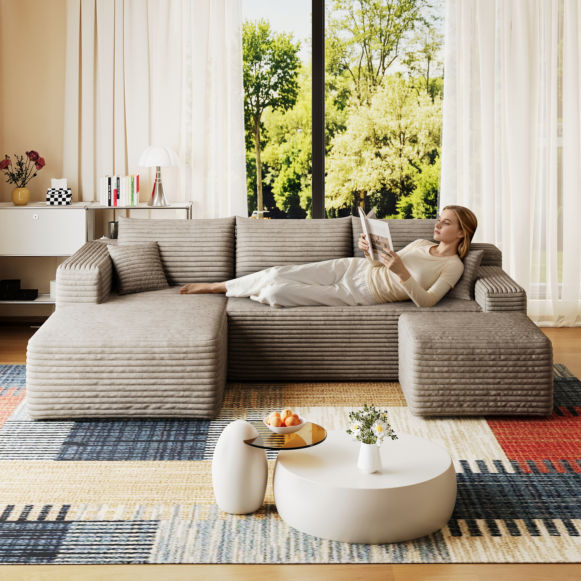 95" Cloud Sectional Sofa with 1 Ottoman,Modern Minimalist Upholstered Couches, Comfort U Shaped Sofa for Living Room,Deep Seat Corner Couch,No Assembly Required,Camel((Plush Corduroy Fabric) - Image 2