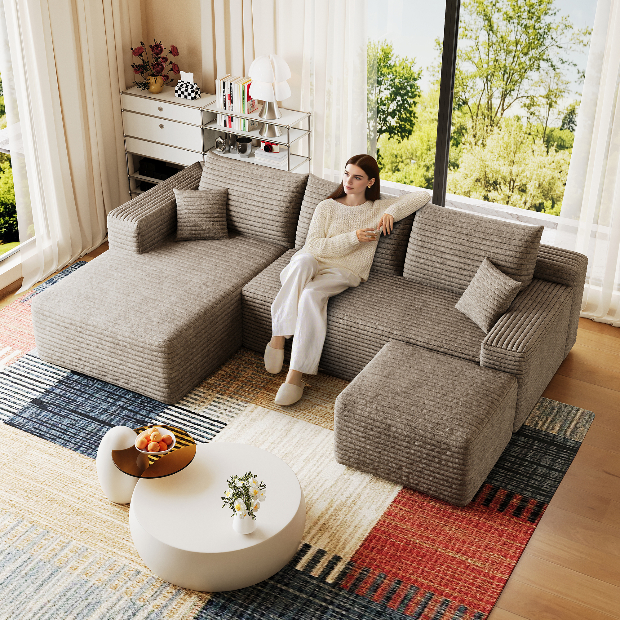 95" Cloud Sectional Sofa with 1 Ottoman,Modern Minimalist Upholstered Couches, Comfort U Shaped Sofa for Living Room,Deep Seat Corner Couch,No Assembly Required,Camel((Plush Corduroy Fabric) - Image 3