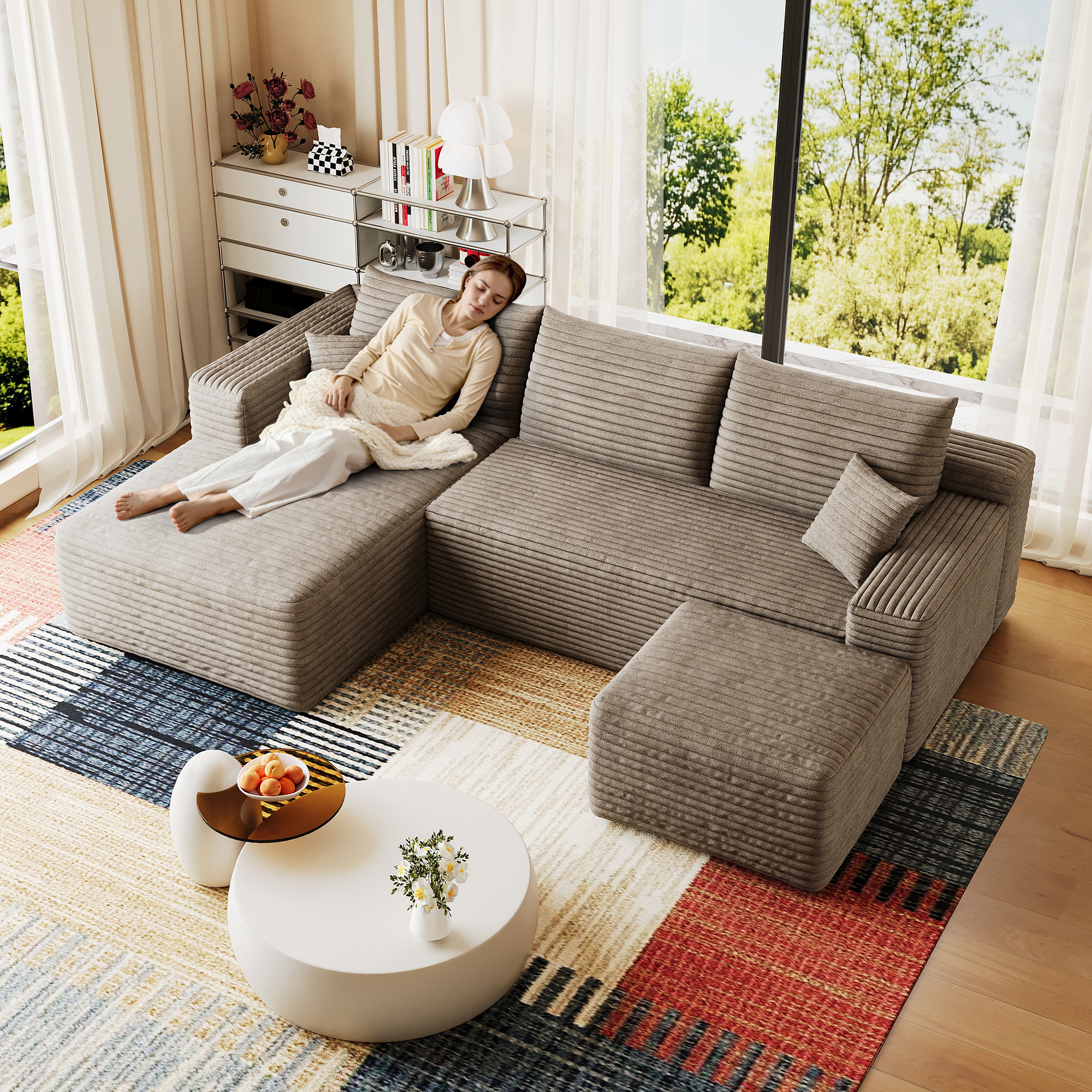 95" Cloud Sectional Sofa with 1 Ottoman,Modern Minimalist Upholstered Couches, Comfort U Shaped Sofa for Living Room,Deep Seat Corner Couch,No Assembly Required,Camel((Plush Corduroy Fabric) - Image 4