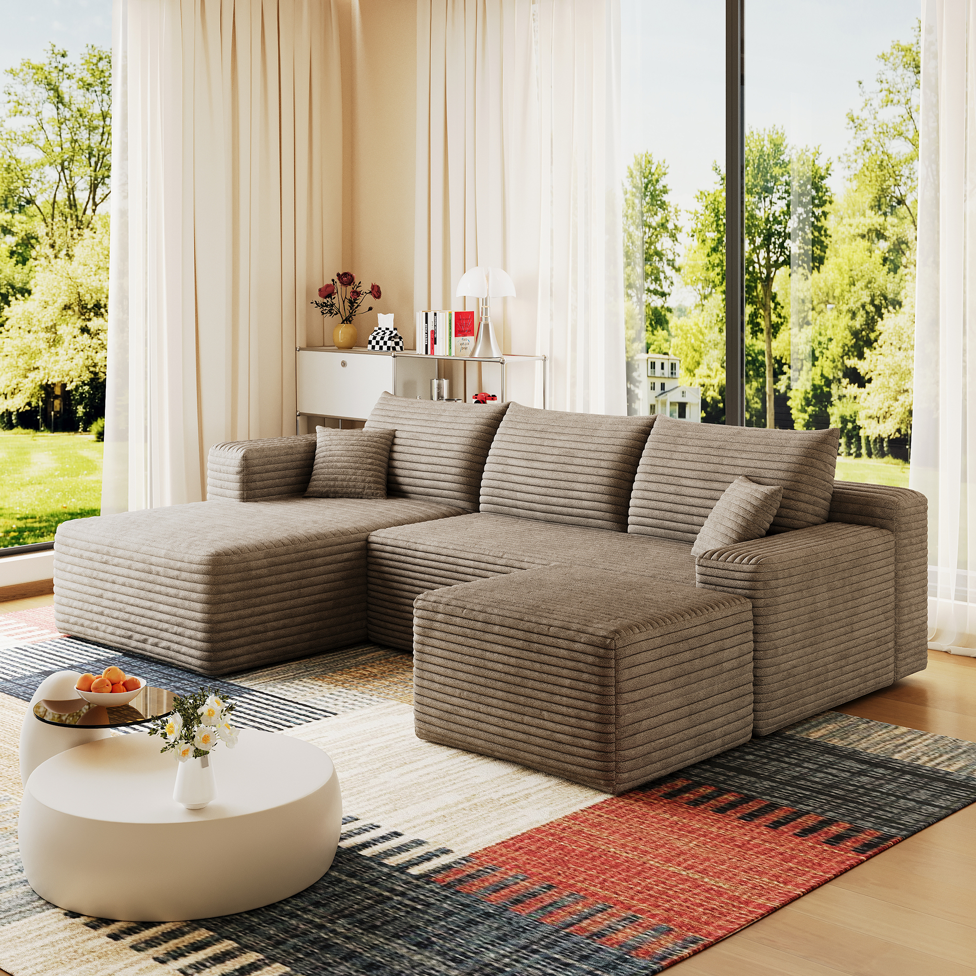 95" Cloud Sectional Sofa with 1 Ottoman,Modern Minimalist Upholstered Couches, Comfort U Shaped Sofa for Living Room,Deep Seat Corner Couch,No Assembly Required,Camel((Plush Corduroy Fabric) - Image 5