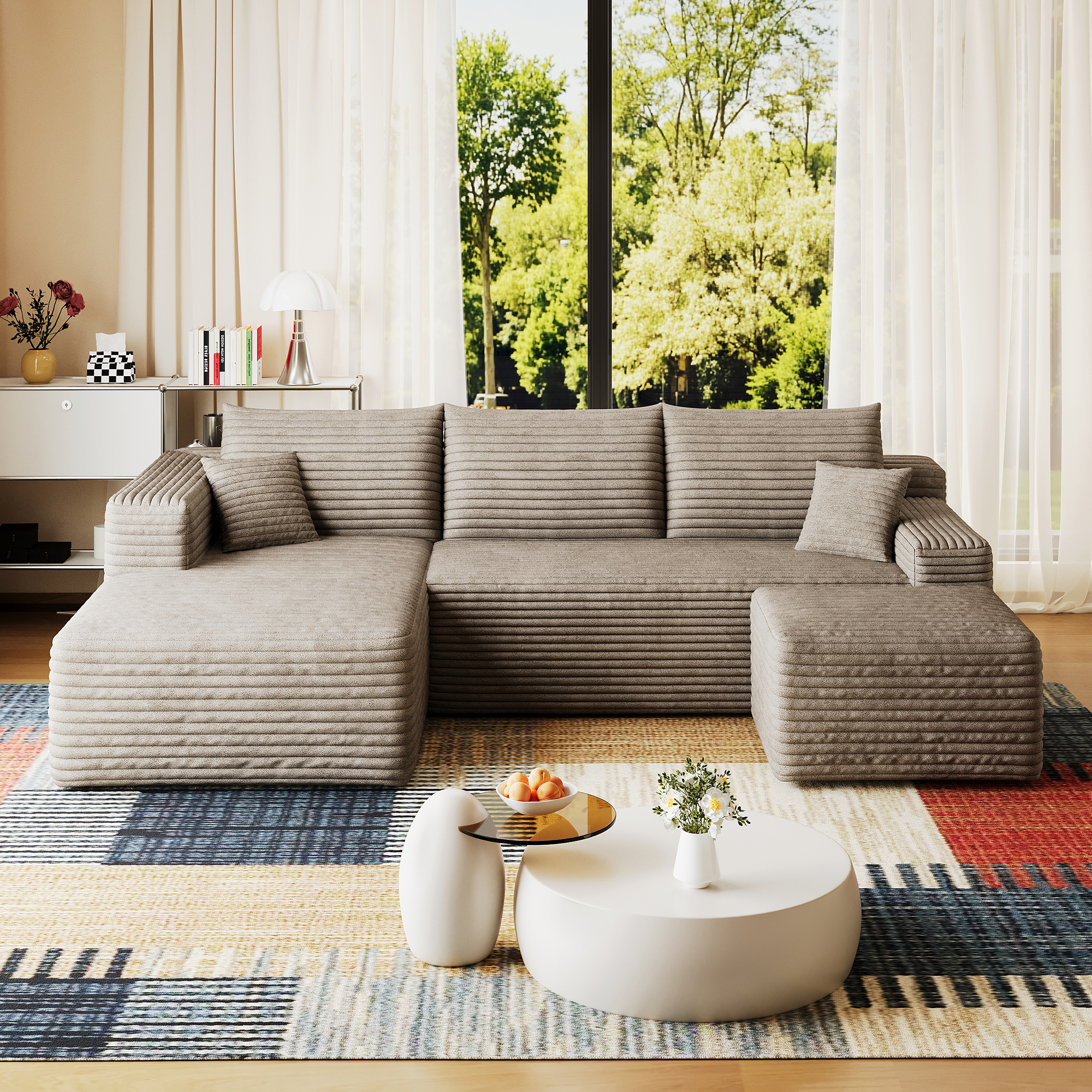 95" Cloud Sectional Sofa with 1 Ottoman,Modern Minimalist Upholstered Couches, Comfort U Shaped Sofa for Living Room,Deep Seat Corner Couch,No Assembly Required,Camel((Plush Corduroy Fabric) - Image 6