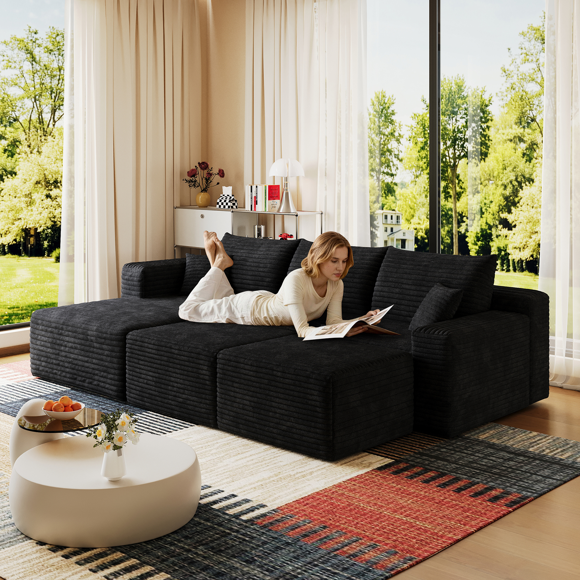 95" Cloud Sectional Sofa with 2 Ottoman,Modern Minimalist Upholstered Couches, Comfort U Shaped Sofa for Living Room,Deep Seat Corner Couch,No Assembly Required,Black (Plush Corduroy Fabric) - Image 2