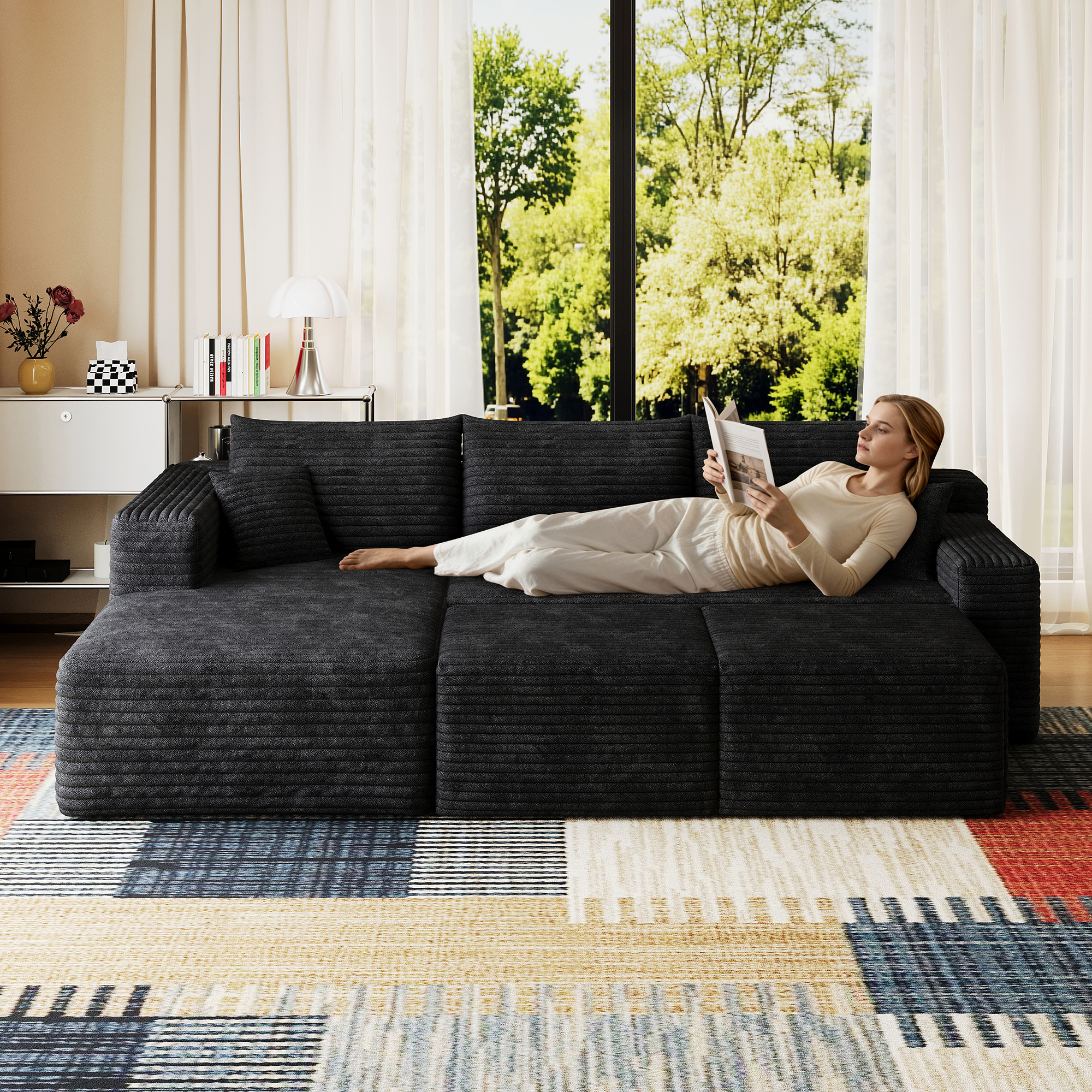 95" Cloud Sectional Sofa with 2 Ottoman,Modern Minimalist Upholstered Couches, Comfort U Shaped Sofa for Living Room,Deep Seat Corner Couch,No Assembly Required,Black (Plush Corduroy Fabric) - Image 3