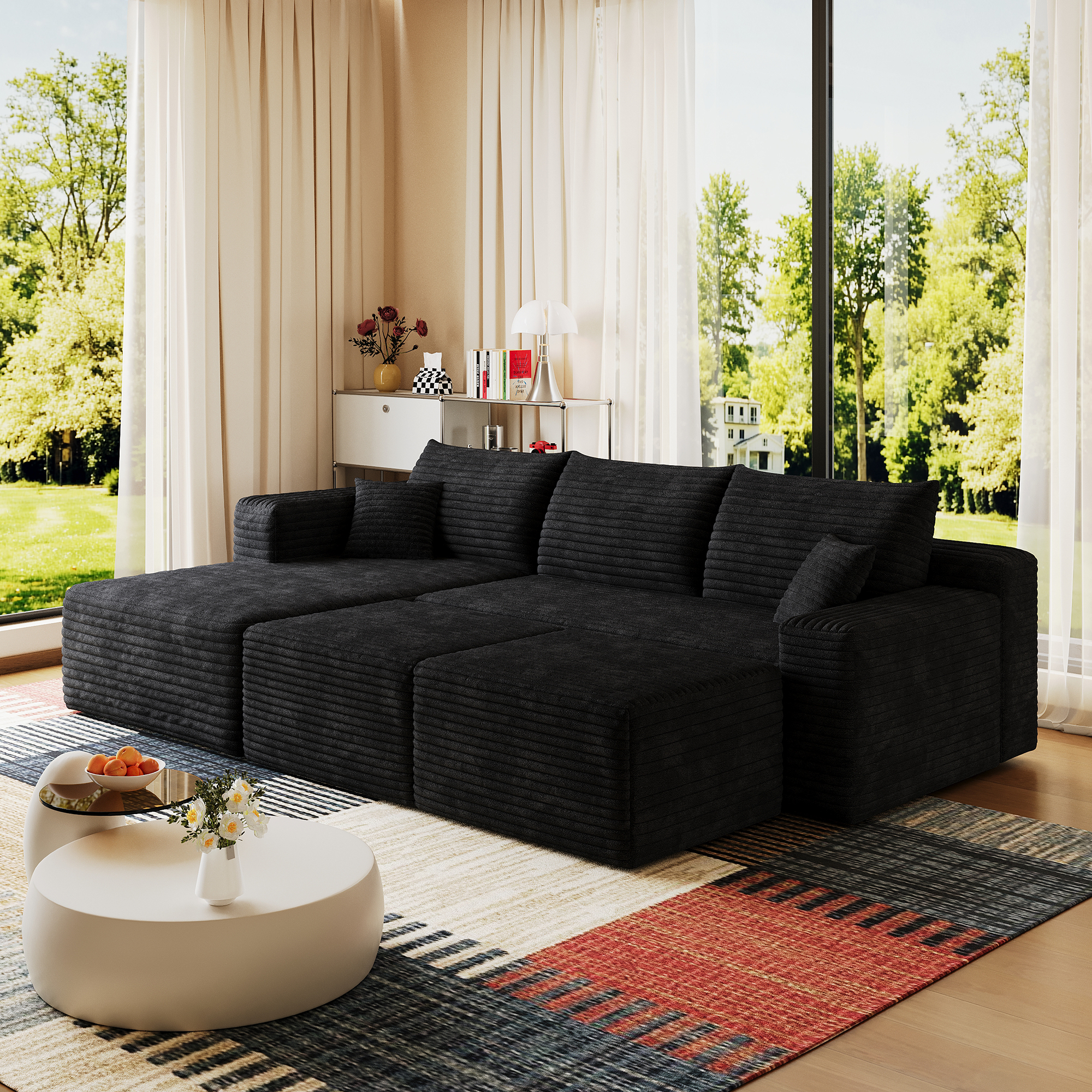 95" Cloud Sectional Sofa with 2 Ottoman,Modern Minimalist Upholstered Couches, Comfort U Shaped Sofa for Living Room,Deep Seat Corner Couch,No Assembly Required,Black (Plush Corduroy Fabric) - Image 4
