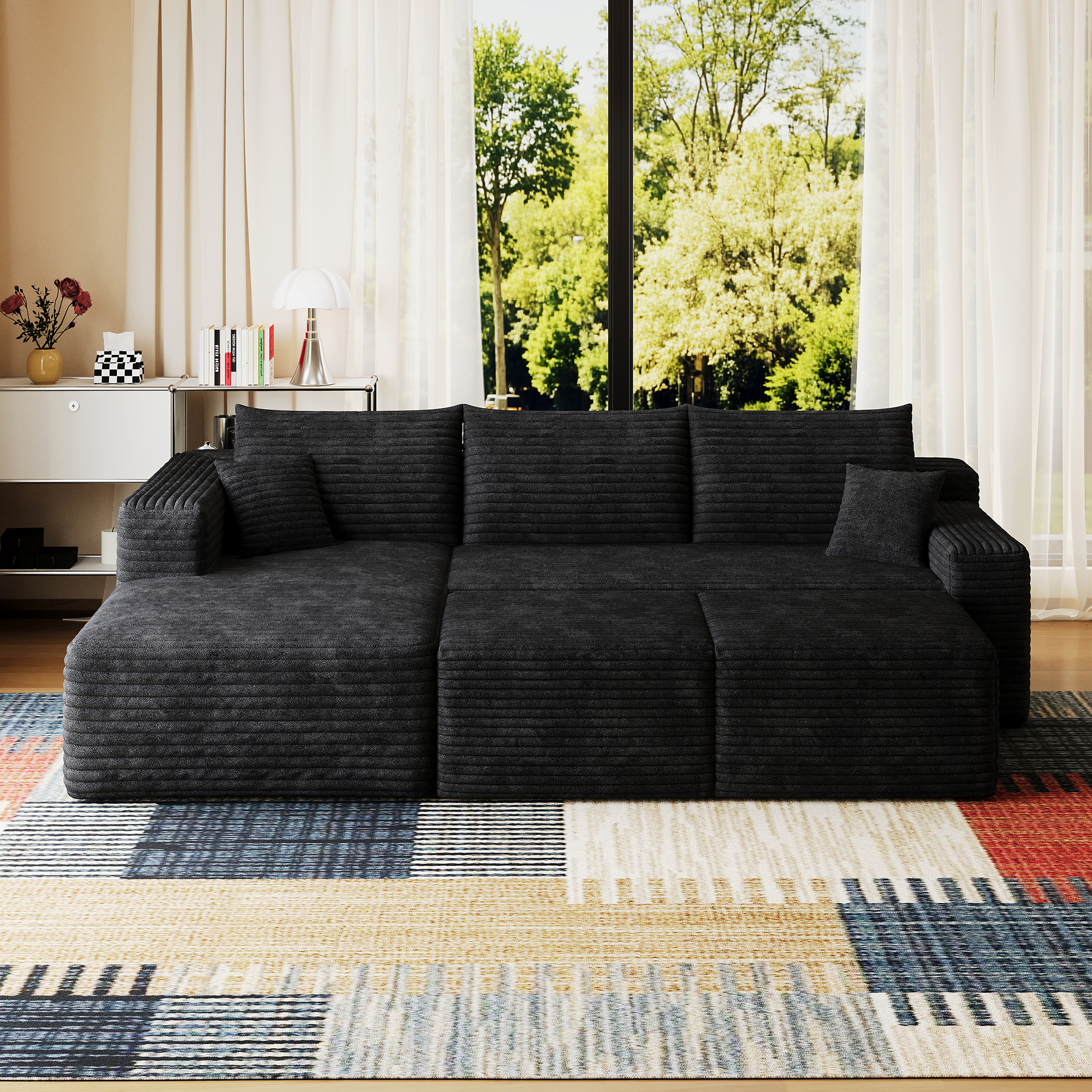 95" Cloud Sectional Sofa with 2 Ottoman,Modern Minimalist Upholstered Couches, Comfort U Shaped Sofa for Living Room,Deep Seat Corner Couch,No Assembly Required,Black (Plush Corduroy Fabric) - Image 5