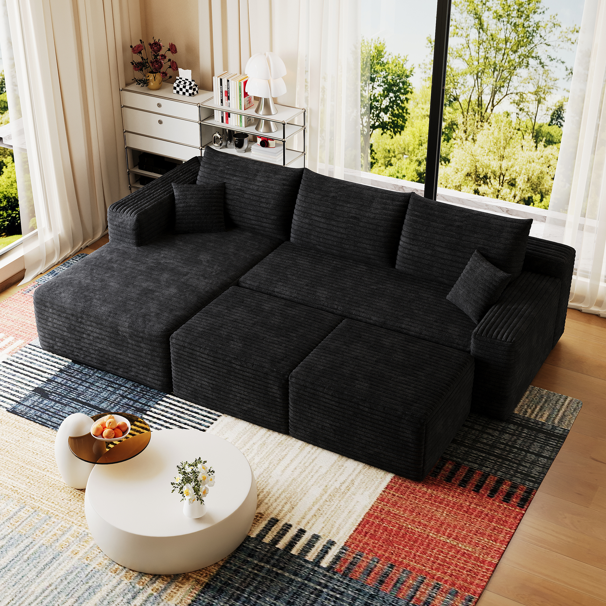 95" Cloud Sectional Sofa with 2 Ottoman,Modern Minimalist Upholstered Couches, Comfort U Shaped Sofa for Living Room,Deep Seat Corner Couch,No Assembly Required,Black (Plush Corduroy Fabric) - Image 6