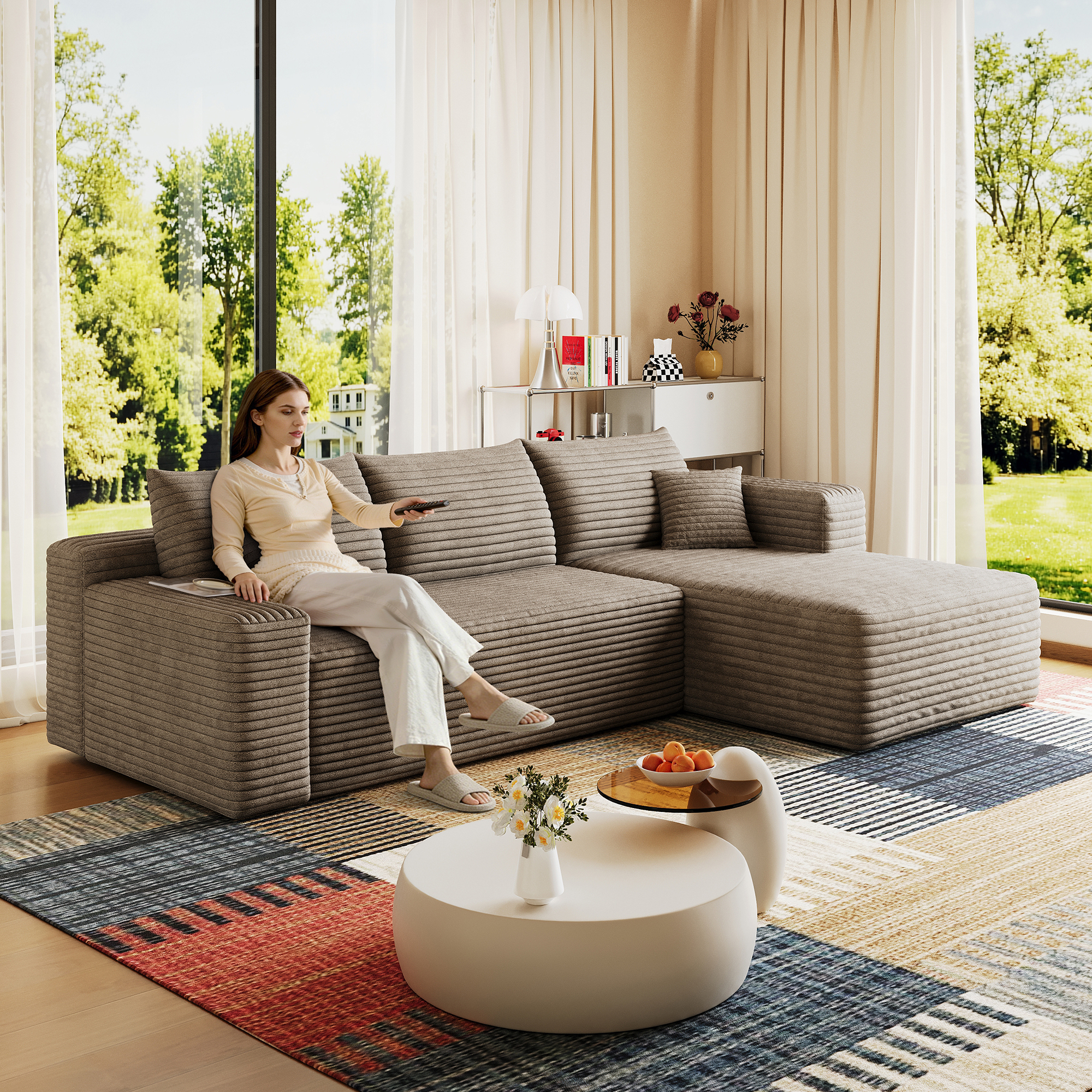 95" Cloud Sectional Sofa,Modern Minimalist Upholstered Couches, Comfort U Shaped Sofa for Living Room,Deep Seat Corner Couch,No Assembly Required,Camel( (Plush Corduroy Fabric) - Image 2