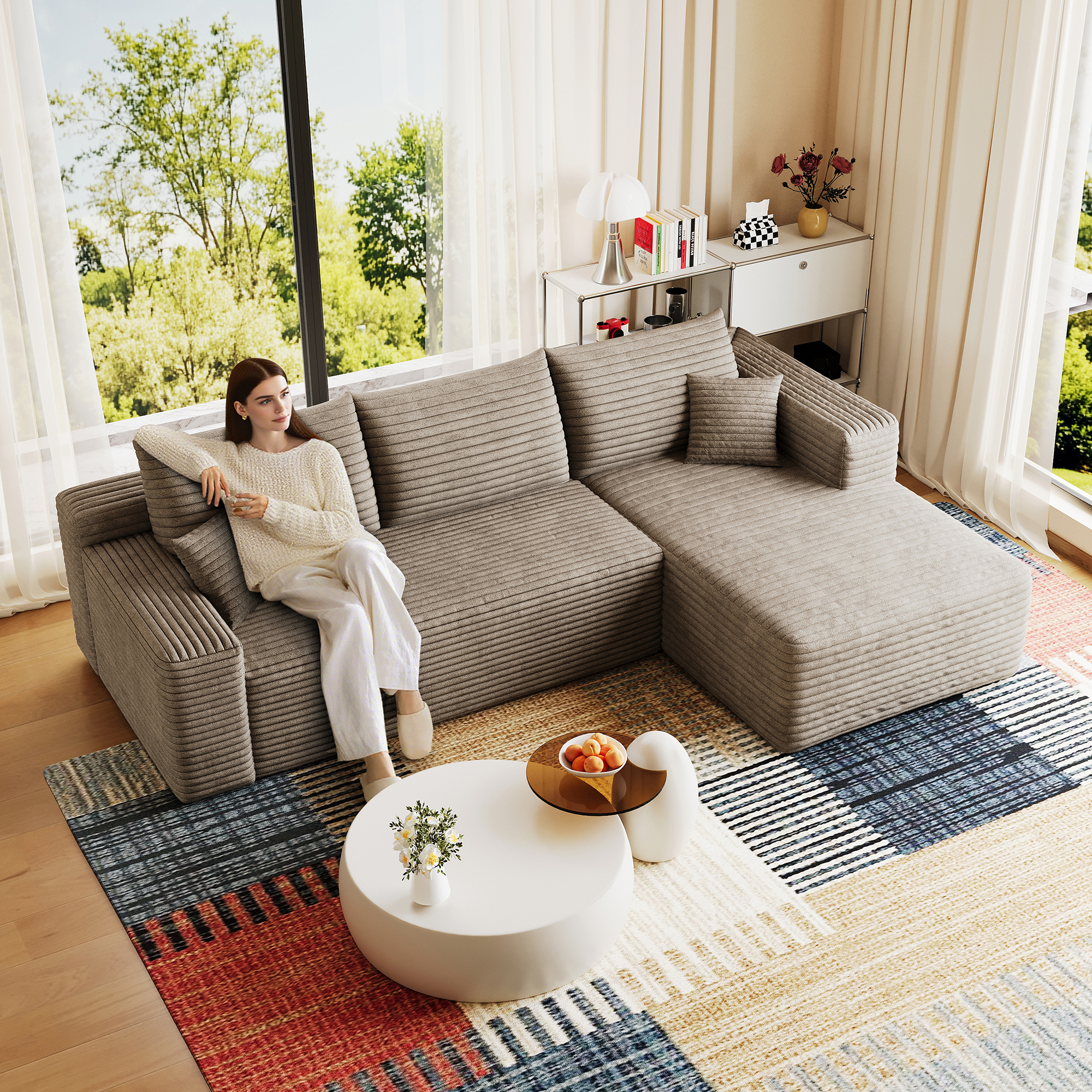95" Cloud Sectional Sofa,Modern Minimalist Upholstered Couches, Comfort U Shaped Sofa for Living Room,Deep Seat Corner Couch,No Assembly Required,Camel( (Plush Corduroy Fabric) - Image 3