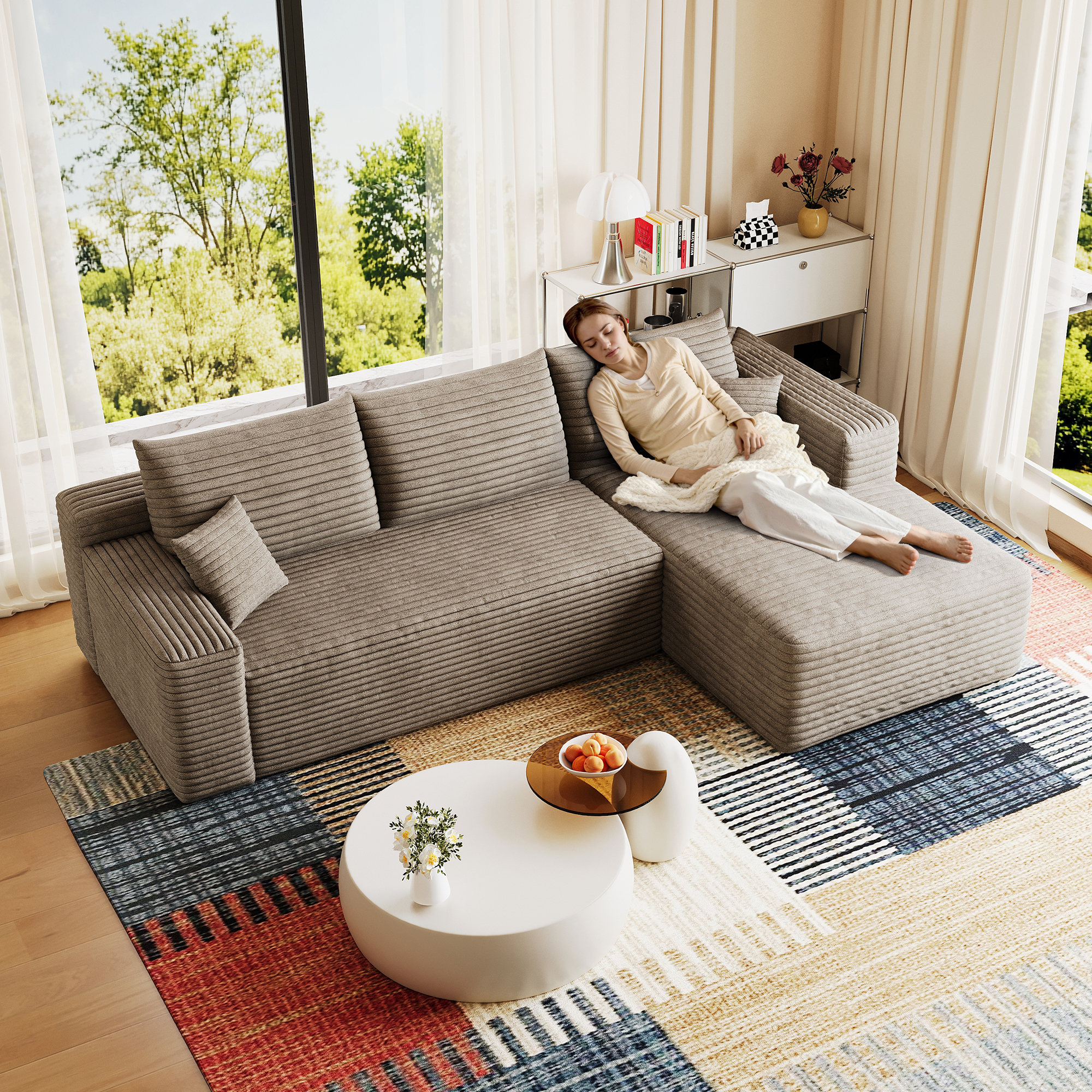 95" Cloud Sectional Sofa,Modern Minimalist Upholstered Couches, Comfort U Shaped Sofa for Living Room,Deep Seat Corner Couch,No Assembly Required,Camel( (Plush Corduroy Fabric) - Image 4