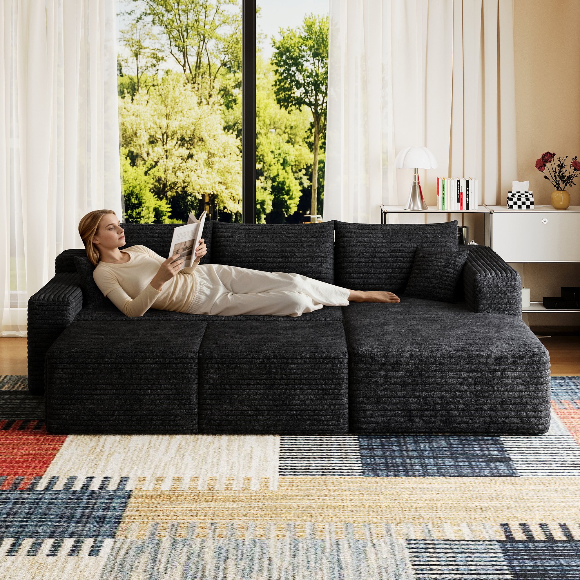 95" Cloud Sectional Sofa with 2 Ottoman,Modern Minimalist Upholstered Couches, Comfort U Shaped Sofa for Living Room,Deep Seat Corner Couch,No Assembly Required,Black (Plush Corduroy Fabric) - Image 2