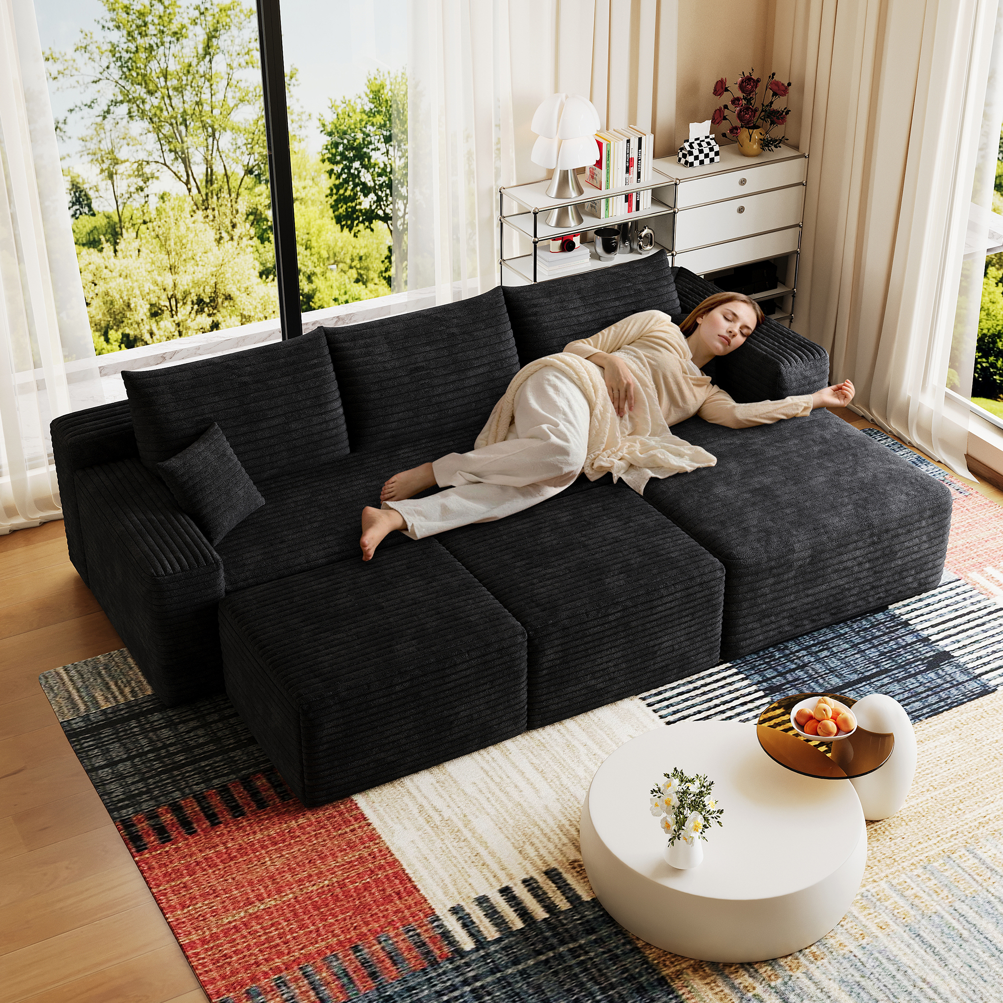95" Cloud Sectional Sofa with 2 Ottoman,Modern Minimalist Upholstered Couches, Comfort U Shaped Sofa for Living Room,Deep Seat Corner Couch,No Assembly Required,Black (Plush Corduroy Fabric) - Image 3