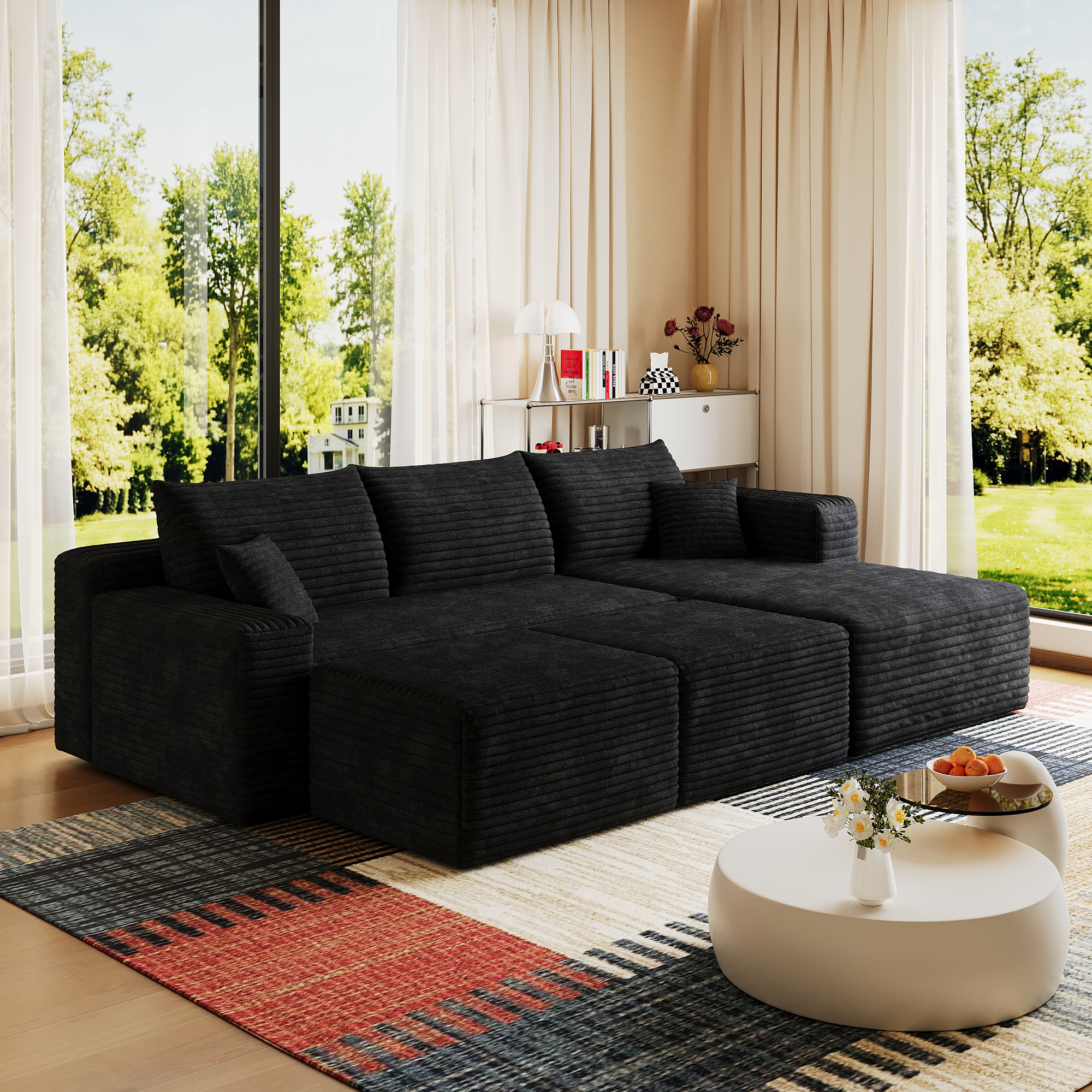 95" Cloud Sectional Sofa with 2 Ottoman,Modern Minimalist Upholstered Couches, Comfort U Shaped Sofa for Living Room,Deep Seat Corner Couch,No Assembly Required,Black (Plush Corduroy Fabric) - Image 4