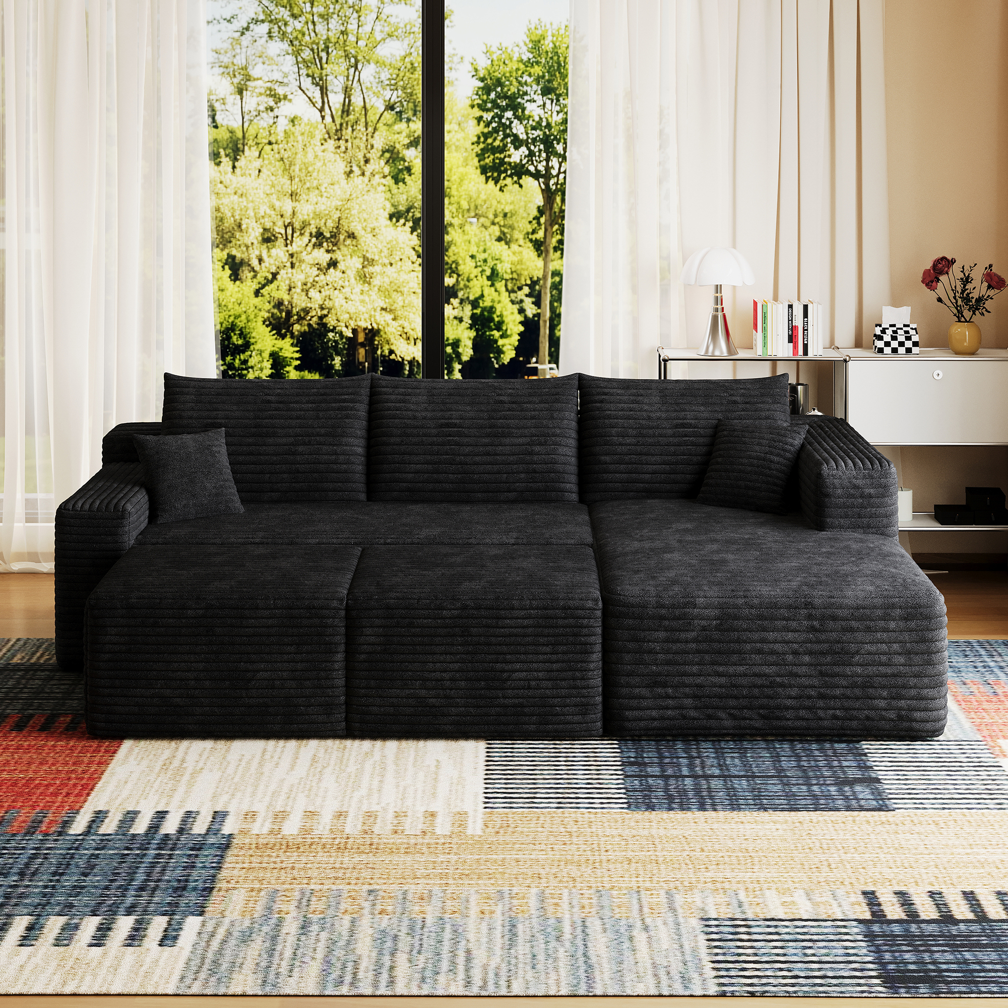 95" Cloud Sectional Sofa with 2 Ottoman,Modern Minimalist Upholstered Couches, Comfort U Shaped Sofa for Living Room,Deep Seat Corner Couch,No Assembly Required,Black (Plush Corduroy Fabric) - Image 5