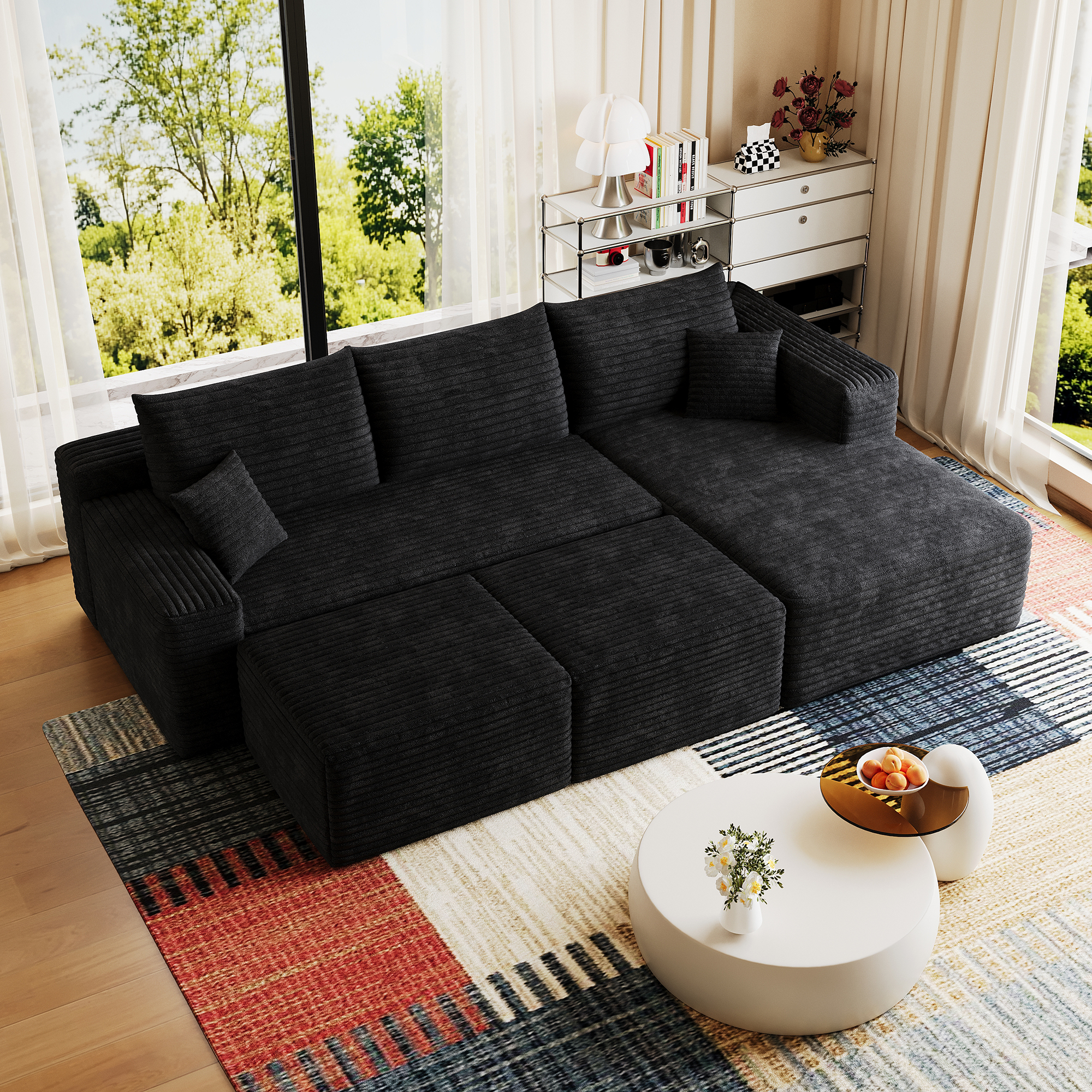 95" Cloud Sectional Sofa with 2 Ottoman,Modern Minimalist Upholstered Couches, Comfort U Shaped Sofa for Living Room,Deep Seat Corner Couch,No Assembly Required,Black (Plush Corduroy Fabric) - Image 6