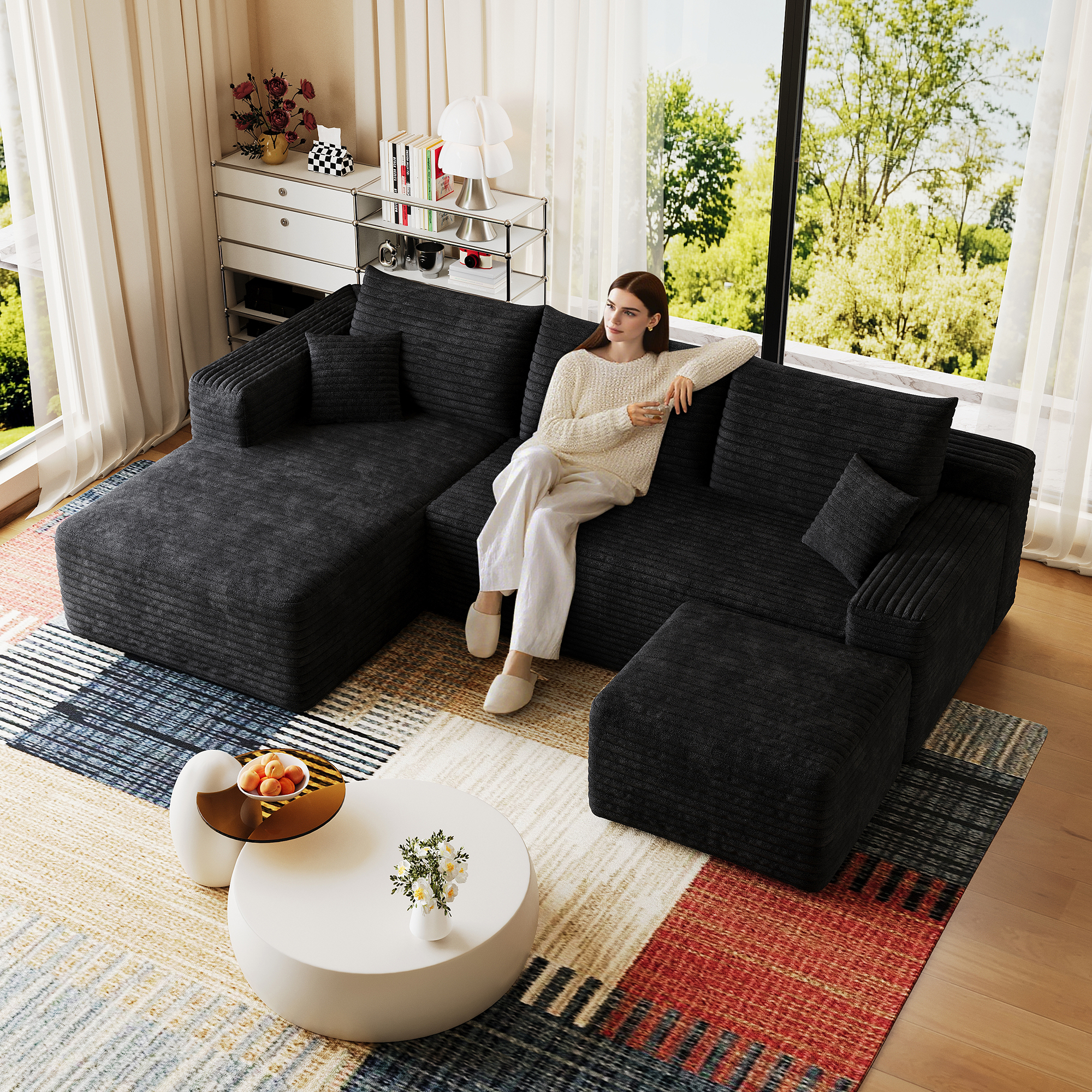 95" Cloud Sectional Sofa with 1 Ottoman,Modern Minimalist Upholstered Couches, Comfort U Shaped Sofa for Living Room,Deep Seat Corner Couch,No Assembly Required,Black (Plush Corduroy Fabric) - Image 2