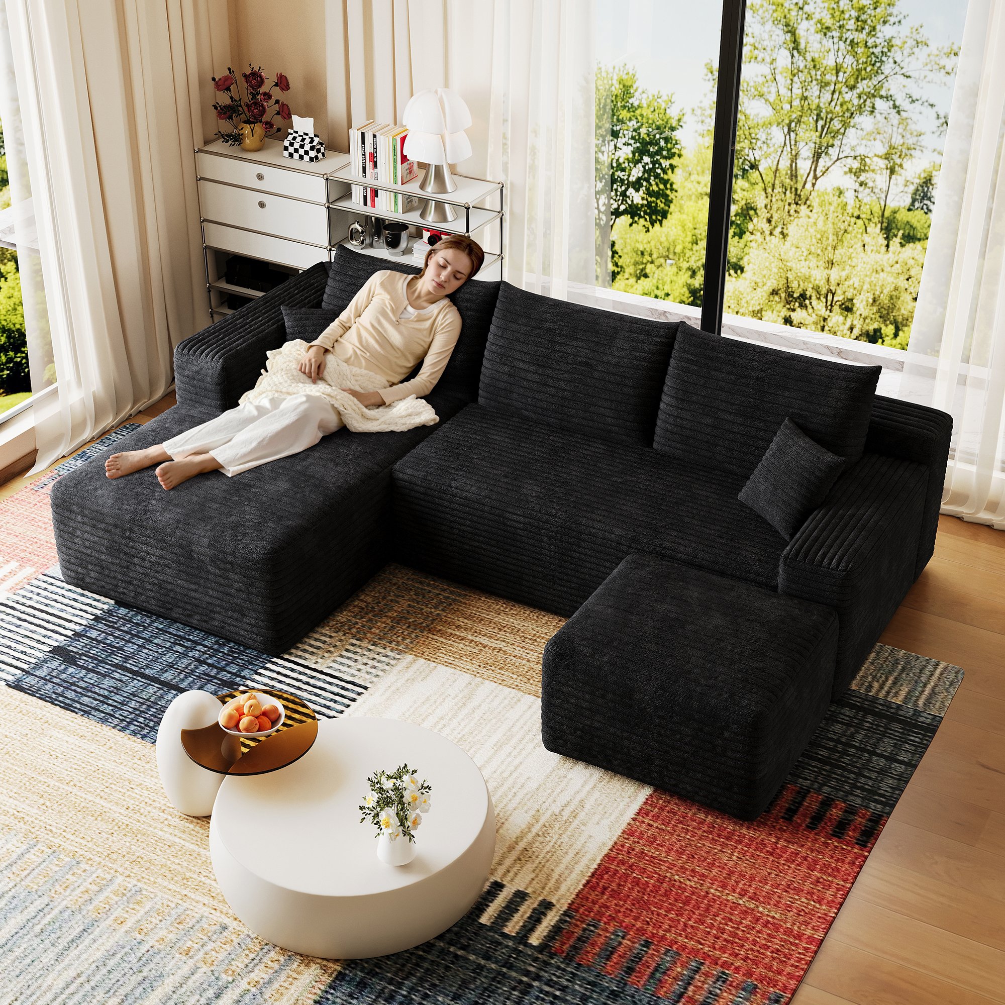 95" Cloud Sectional Sofa with 1 Ottoman,Modern Minimalist Upholstered Couches, Comfort U Shaped Sofa for Living Room,Deep Seat Corner Couch,No Assembly Required,Black (Plush Corduroy Fabric) - Image 3