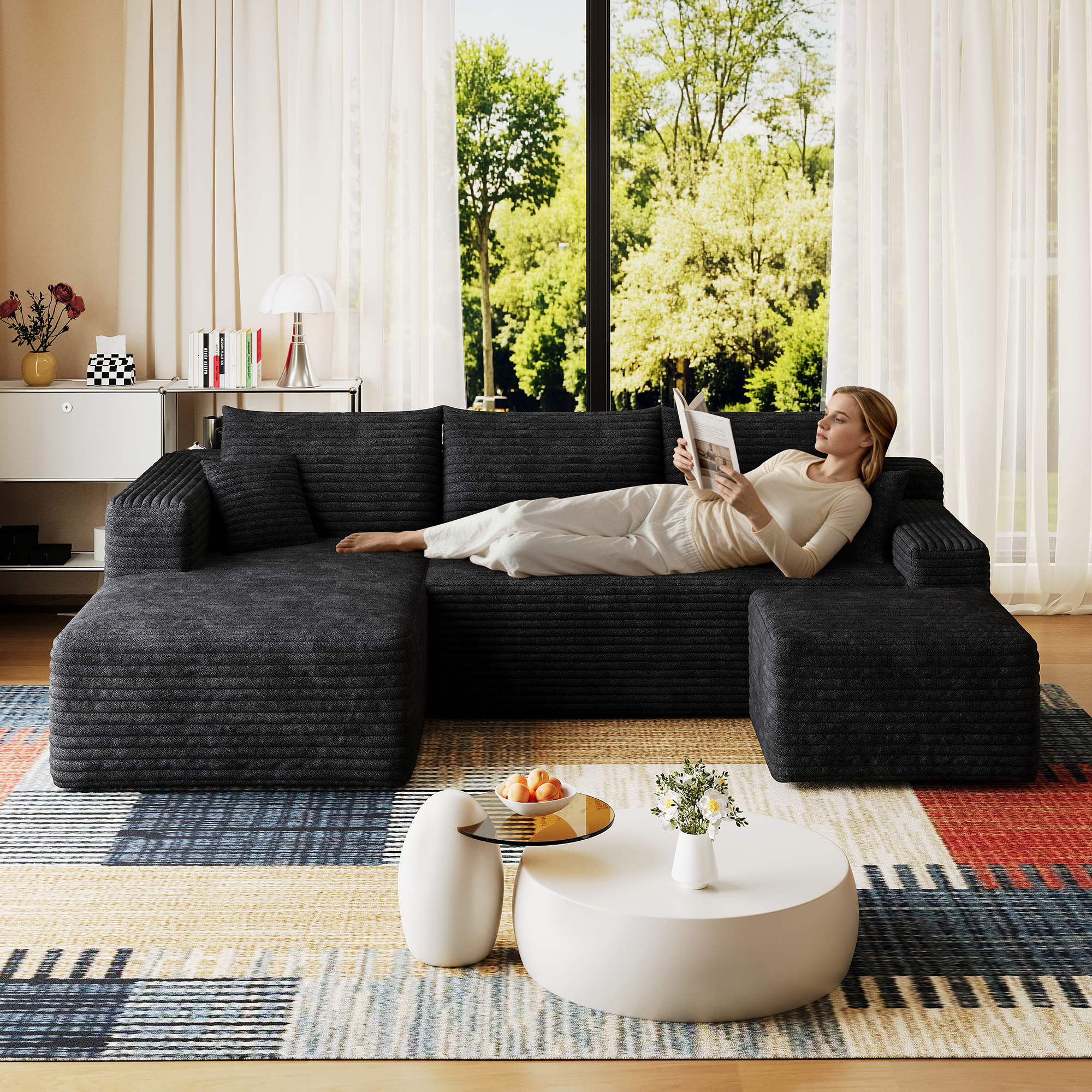 95" Cloud Sectional Sofa with 1 Ottoman,Modern Minimalist Upholstered Couches, Comfort U Shaped Sofa for Living Room,Deep Seat Corner Couch,No Assembly Required,Black (Plush Corduroy Fabric) - Image 4