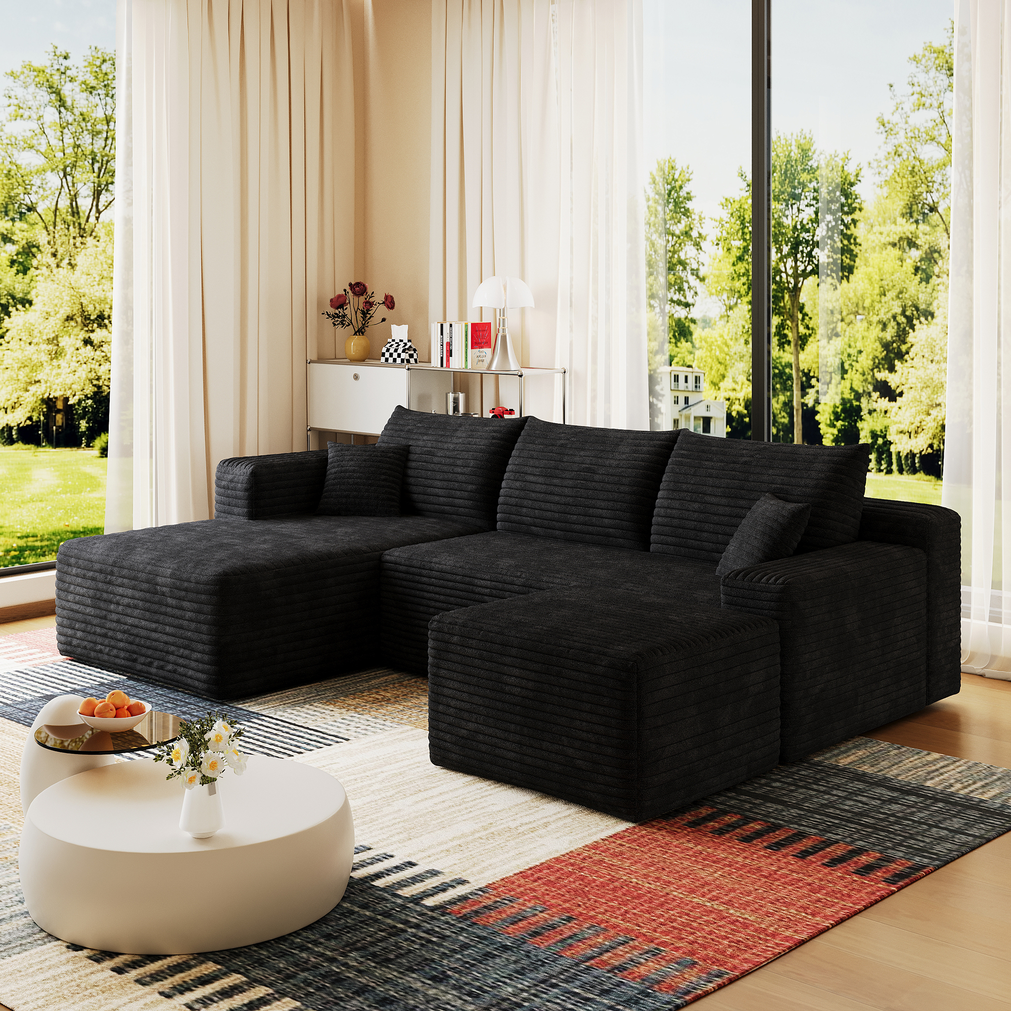 95" Cloud Sectional Sofa with 1 Ottoman,Modern Minimalist Upholstered Couches, Comfort U Shaped Sofa for Living Room,Deep Seat Corner Couch,No Assembly Required,Black (Plush Corduroy Fabric) - Image 5