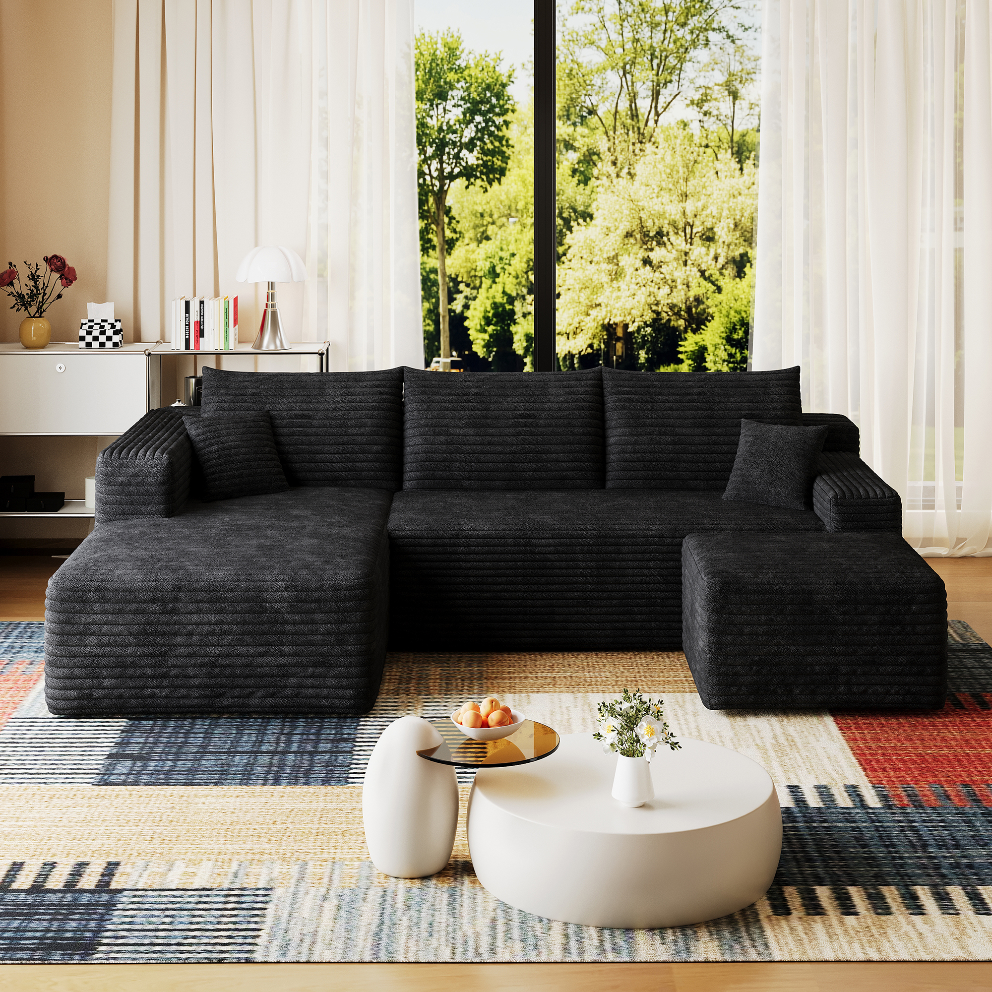 95" Cloud Sectional Sofa with 1 Ottoman,Modern Minimalist Upholstered Couches, Comfort U Shaped Sofa for Living Room,Deep Seat Corner Couch,No Assembly Required,Black (Plush Corduroy Fabric) - Image 6