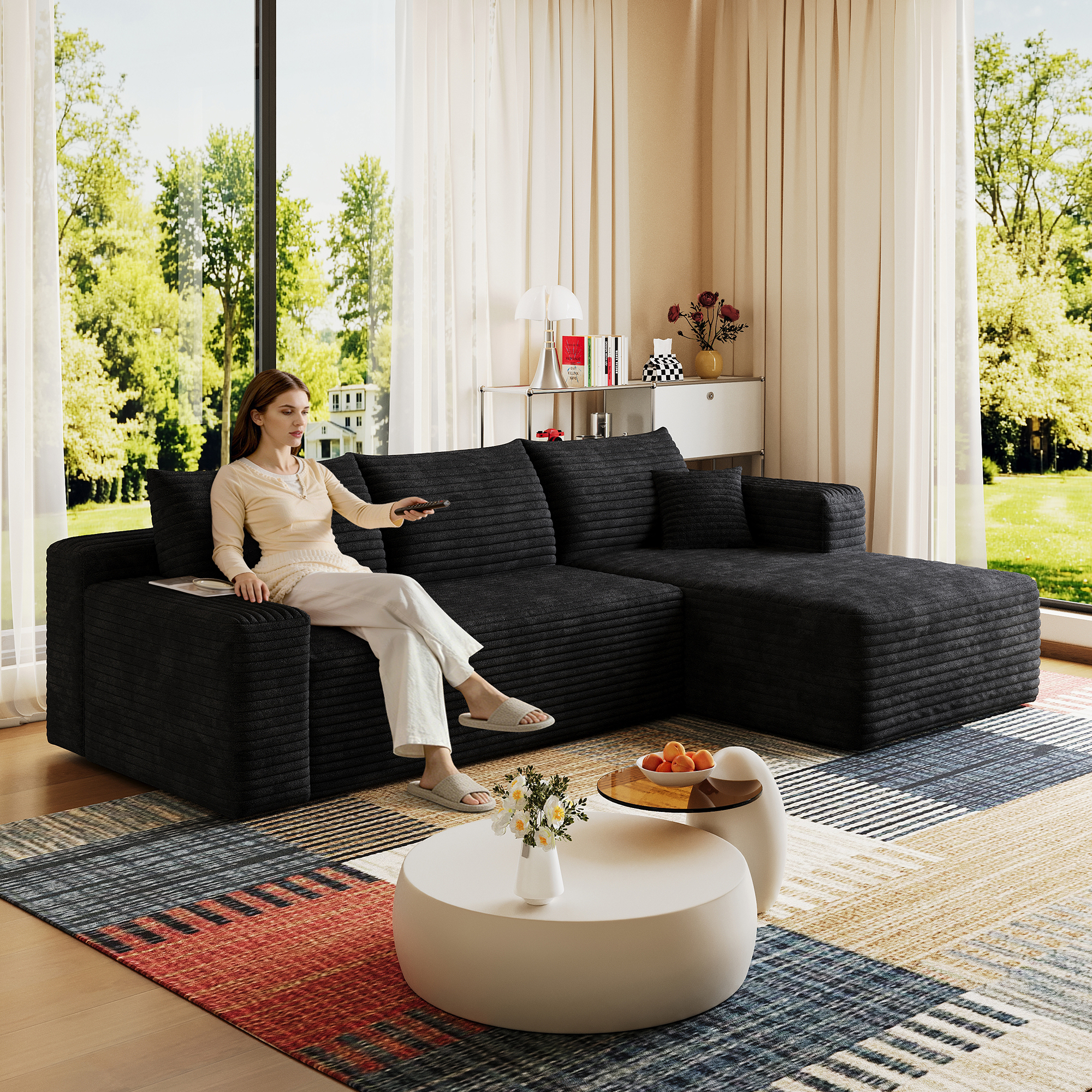 95" Cloud Sectional Sofa,Modern Minimalist Upholstered Couches, Comfort U Shaped Sofa for Living Room,Deep Seat Corner Couch,No Assembly Required,Black (Plush Corduroy Fabric) - Image 2