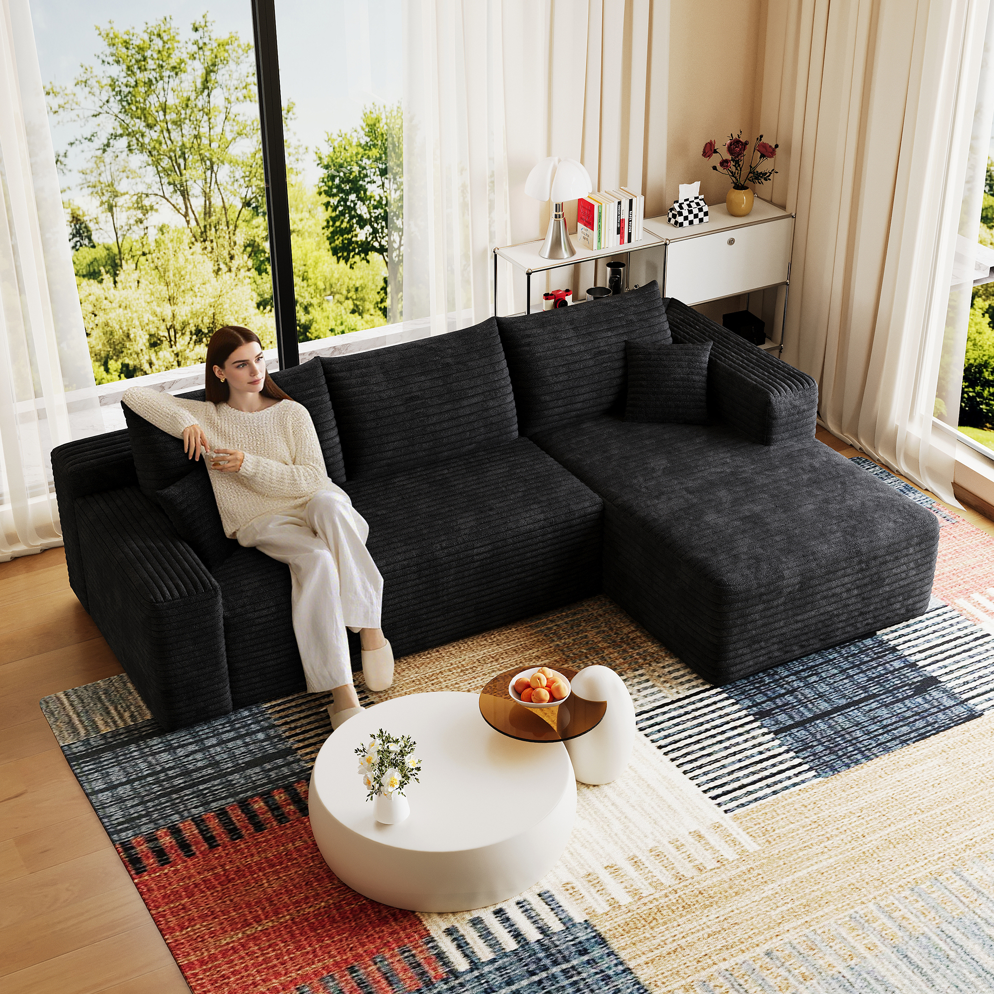 95" Cloud Sectional Sofa,Modern Minimalist Upholstered Couches, Comfort U Shaped Sofa for Living Room,Deep Seat Corner Couch,No Assembly Required,Black (Plush Corduroy Fabric) - Image 3