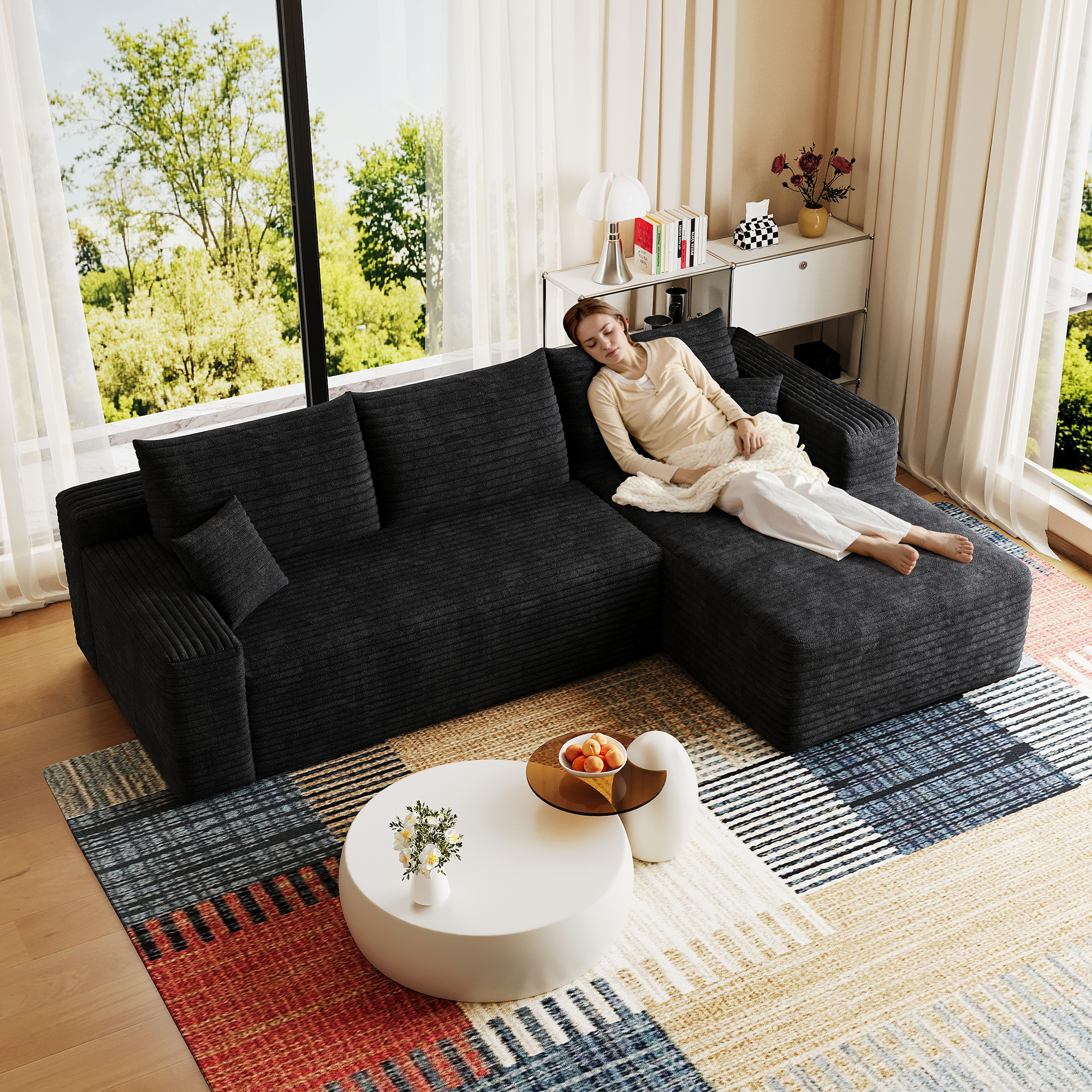 95" Cloud Sectional Sofa,Modern Minimalist Upholstered Couches, Comfort U Shaped Sofa for Living Room,Deep Seat Corner Couch,No Assembly Required,Black (Plush Corduroy Fabric) - Image 4