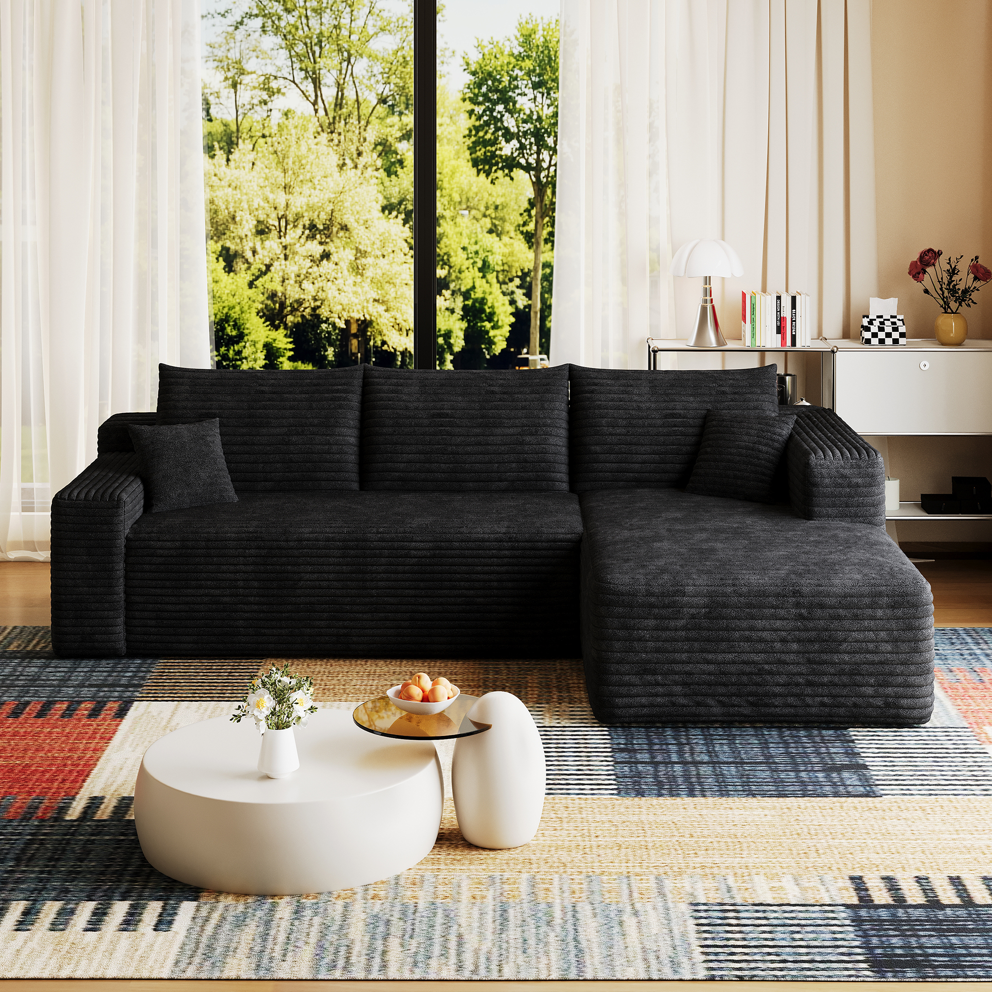 95" Cloud Sectional Sofa,Modern Minimalist Upholstered Couches, Comfort U Shaped Sofa for Living Room,Deep Seat Corner Couch,No Assembly Required,Black (Plush Corduroy Fabric) - Image 5