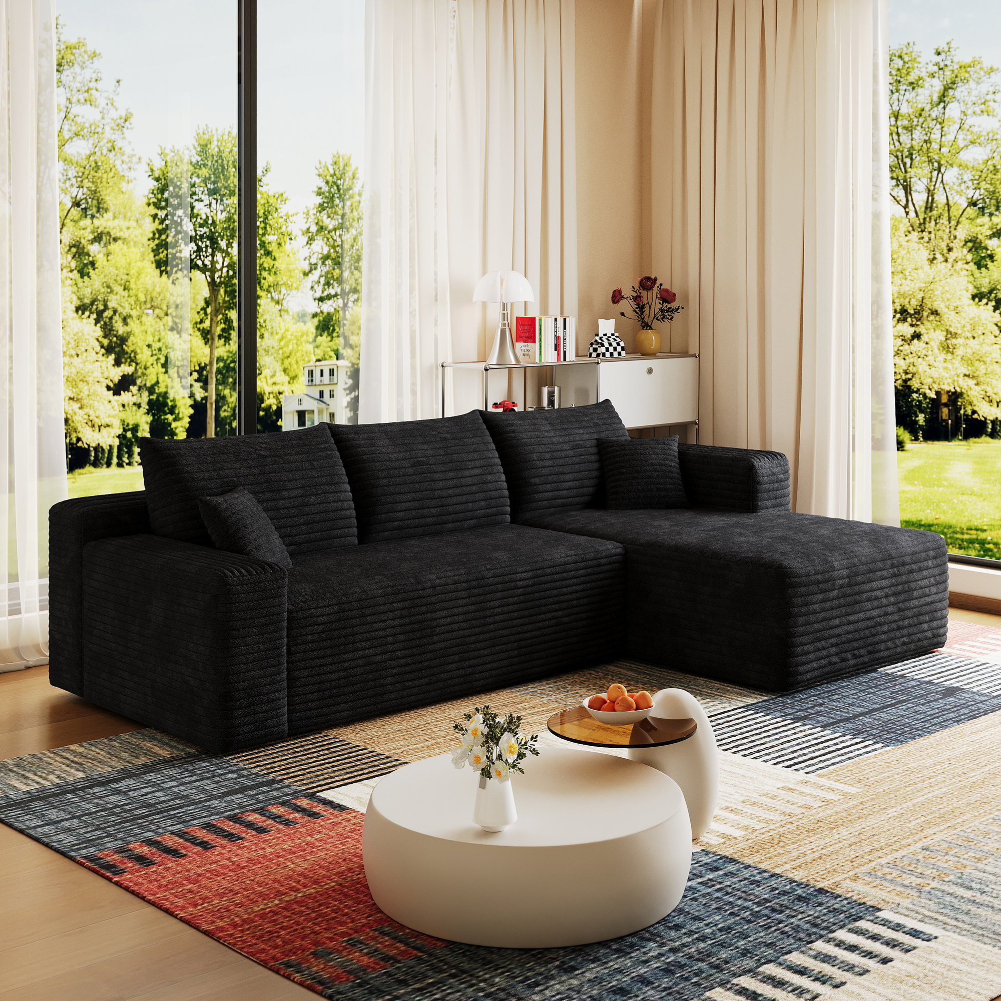 95" Cloud Sectional Sofa,Modern Minimalist Upholstered Couches, Comfort U Shaped Sofa for Living Room,Deep Seat Corner Couch,No Assembly Required,Black (Plush Corduroy Fabric) - Image 6