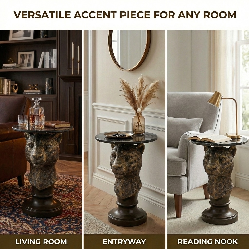 Leopard Head Accent Table Animal Statue End Tables Livingroom - Image 3