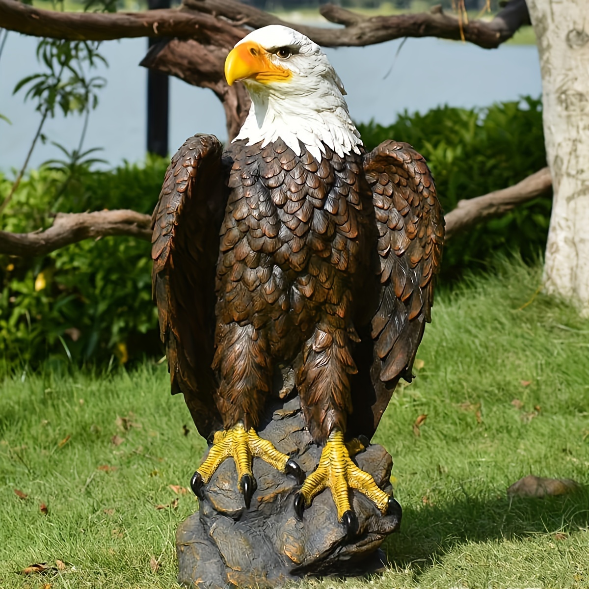 13" H x 24.4" L Large Standing Bald Eagle Garden Statue, Hand-Painted American Eagle Sculpture, Indoor & Outdoor Lawn Courtyard Decor, Patriotic Themed Ornament - Image 2