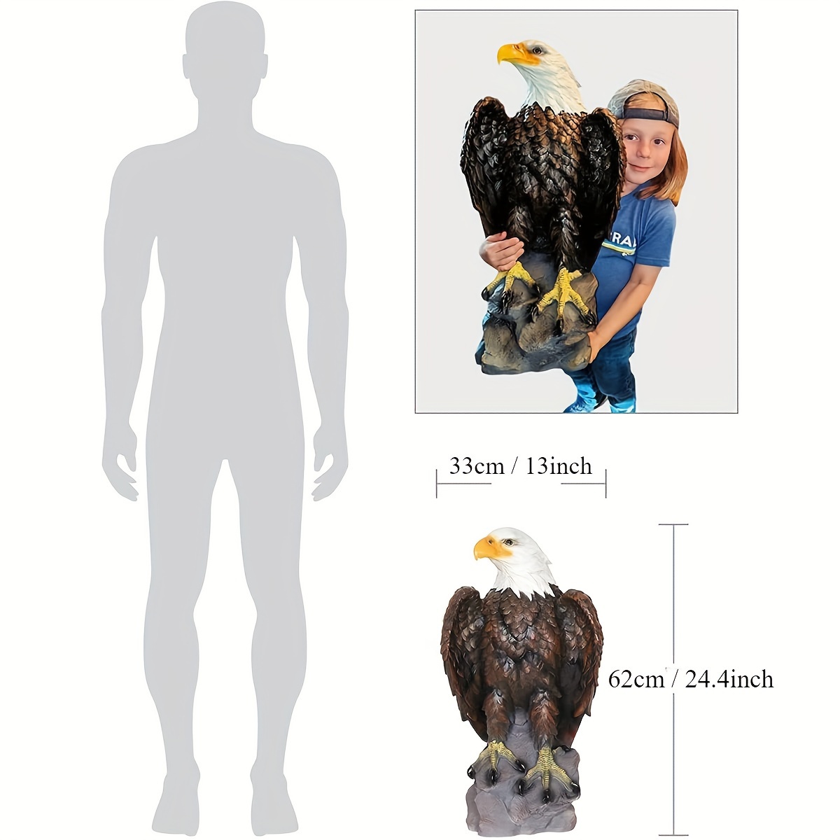 13" H x 24.4" L Large Standing Bald Eagle Garden Statue, Hand-Painted American Eagle Sculpture, Indoor & Outdoor Lawn Courtyard Decor, Patriotic Themed Ornament - Image 4
