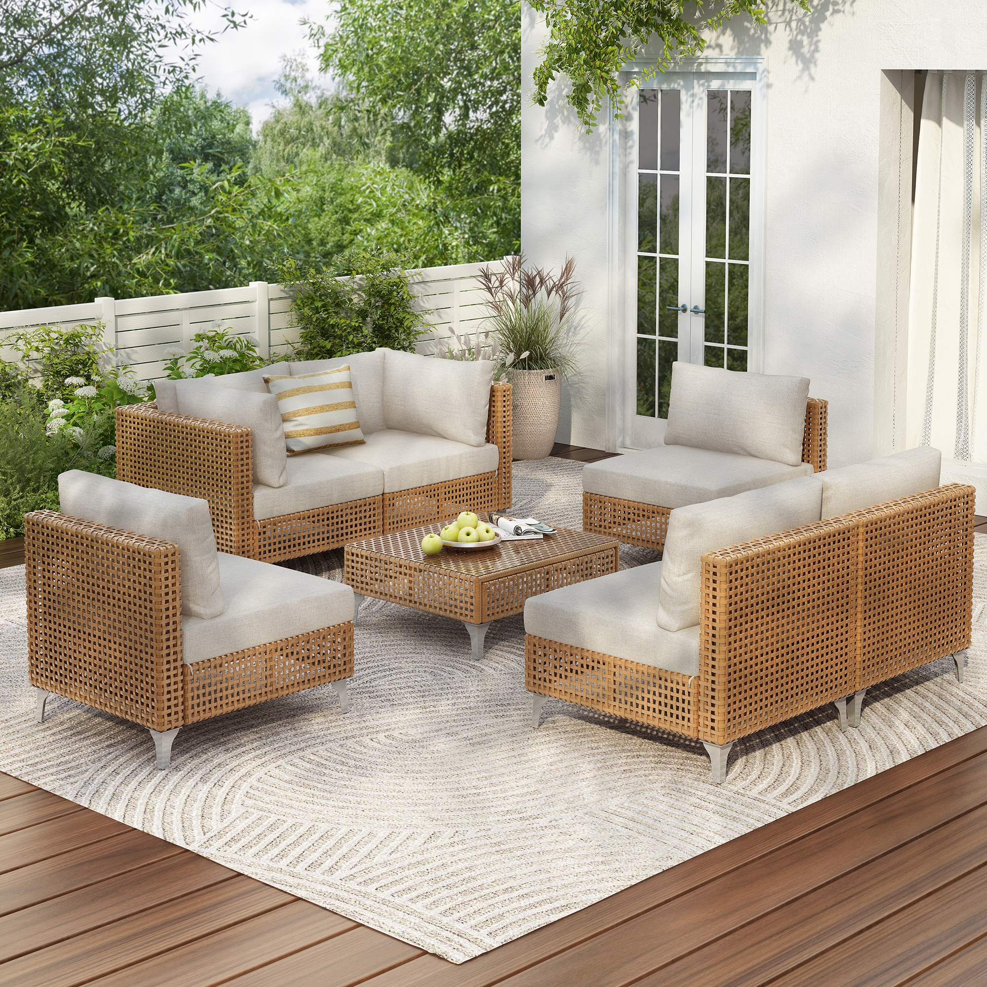 K&K 7-Piece Wicker Patio Furniture Set, Outdoor Conversation Set Sectional Sofa with Water Resistant Beige Thick Cushions and Coffee Table for Outdoor Couch, Porch, Backyard - Beige - Image 5