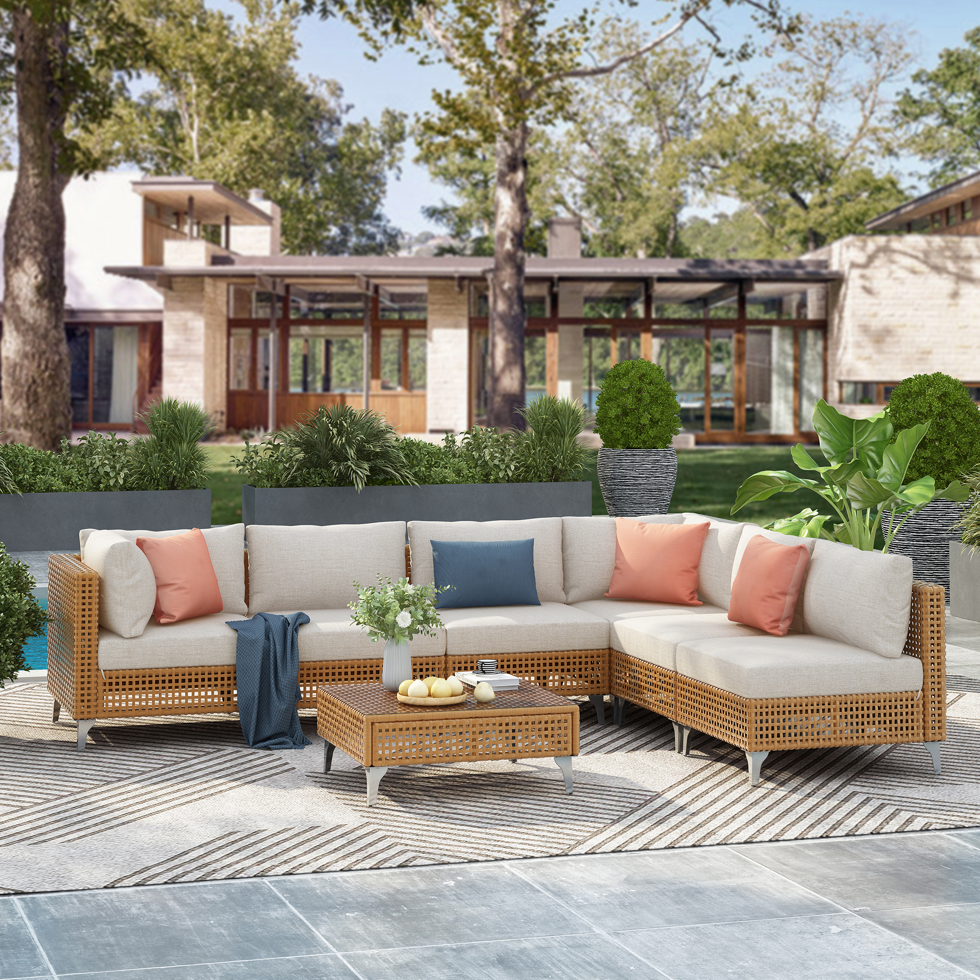 K&K 7-Piece Wicker Patio Furniture Set, Outdoor Conversation Set Sectional Sofa with Water Resistant Beige Thick Cushions and Coffee Table for Outdoor Couch, Porch, Backyard - Beige - Image 6