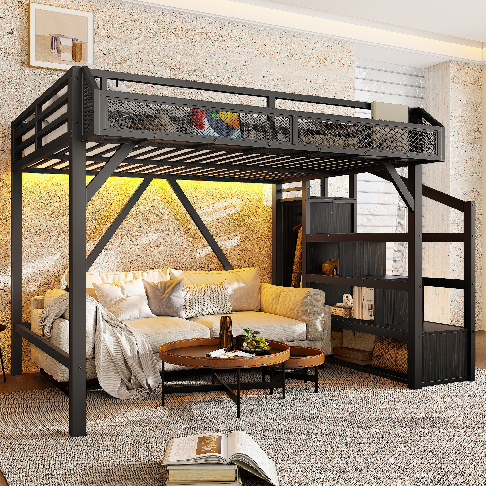 Full Loft Bed with Storage Stairs, Shelves and Built-in Wardrobe, Metal Loft Bed Frame with USB Ports and LED Lights, Noise-reduced Design, Black Woodgrain - Image 2