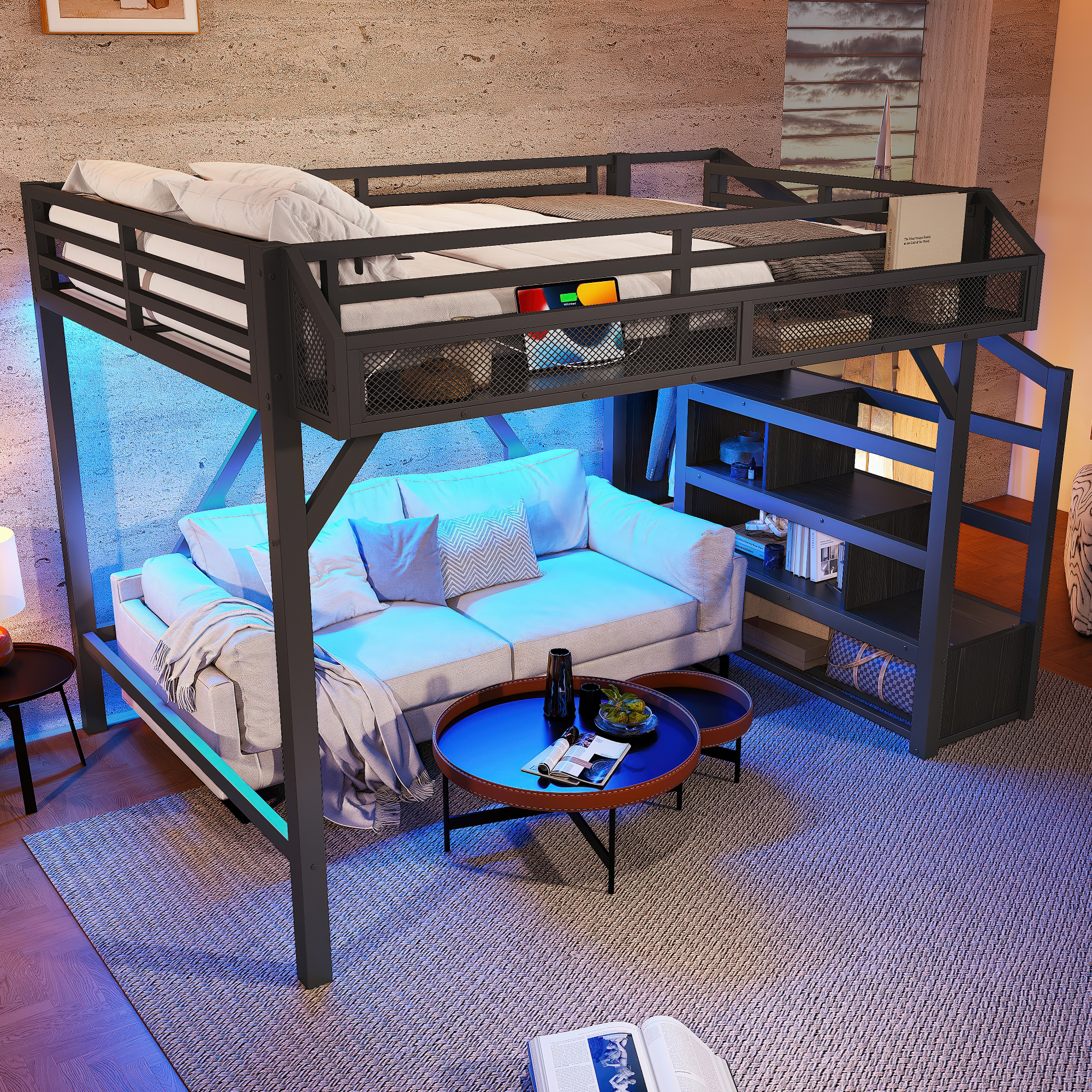 Full Loft Bed with Storage Stairs, Shelves and Built-in Wardrobe, Metal Loft Bed Frame with USB Ports and LED Lights, Noise-reduced Design, Black Woodgrain - Image 3