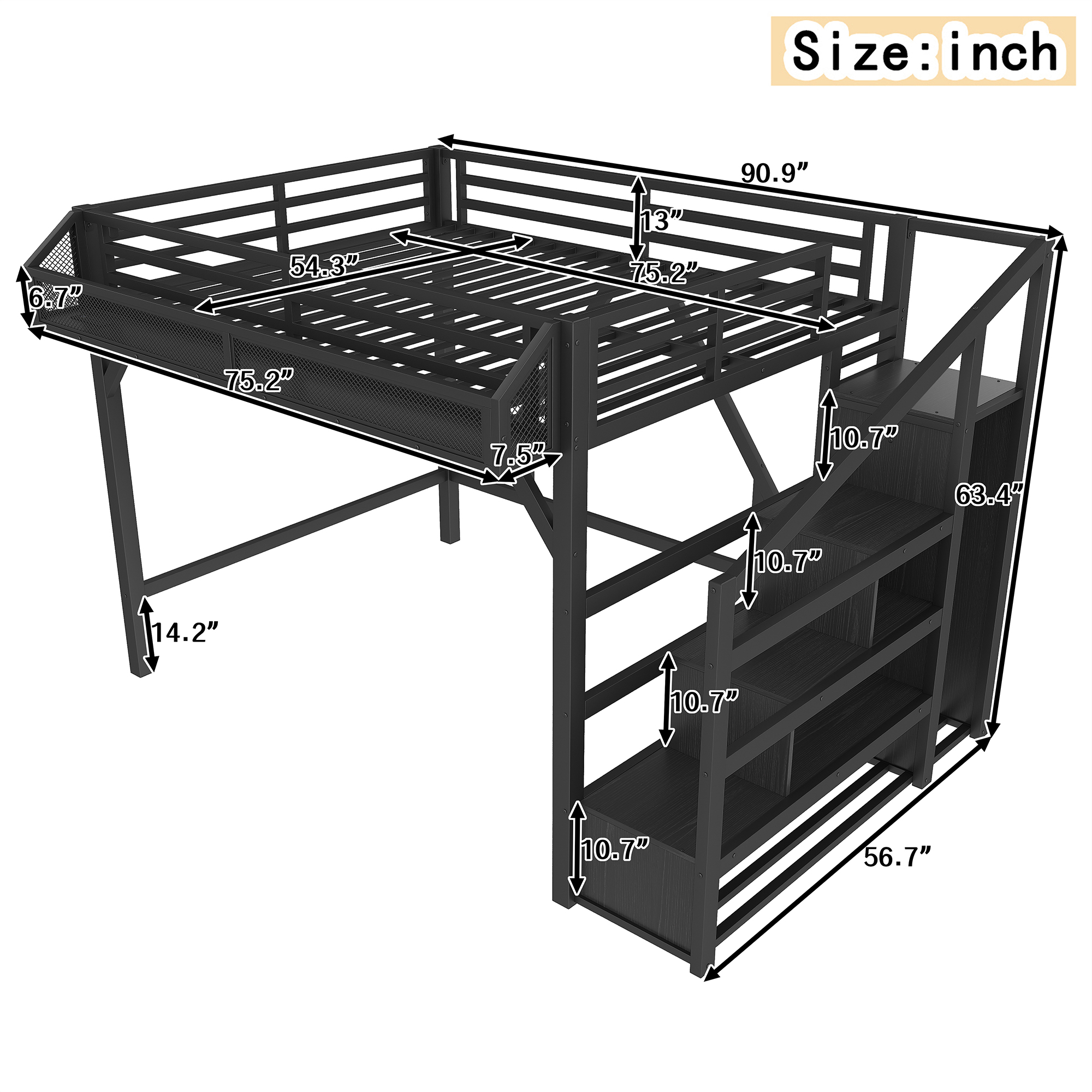 Full Loft Bed with Storage Stairs, Shelves and Built-in Wardrobe, Metal Loft Bed Frame with USB Ports and LED Lights, Noise-reduced Design, Black Woodgrain - Image 4