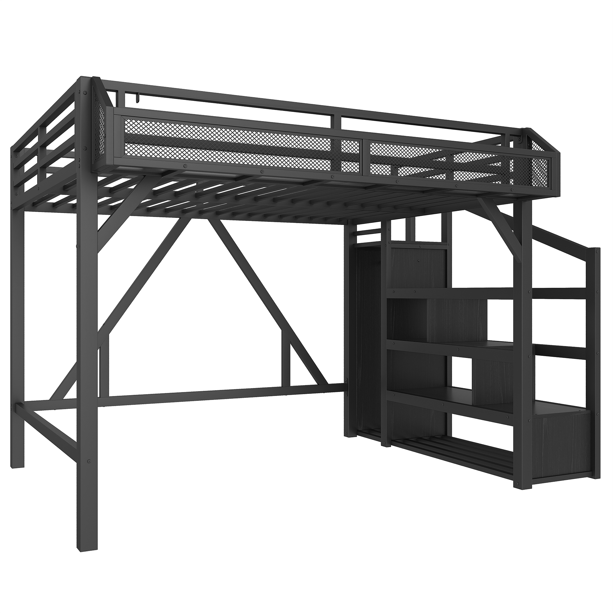 Full Loft Bed with Storage Stairs, Shelves and Built-in Wardrobe, Metal Loft Bed Frame with USB Ports and LED Lights, Noise-reduced Design, Black Woodgrain - Image 5