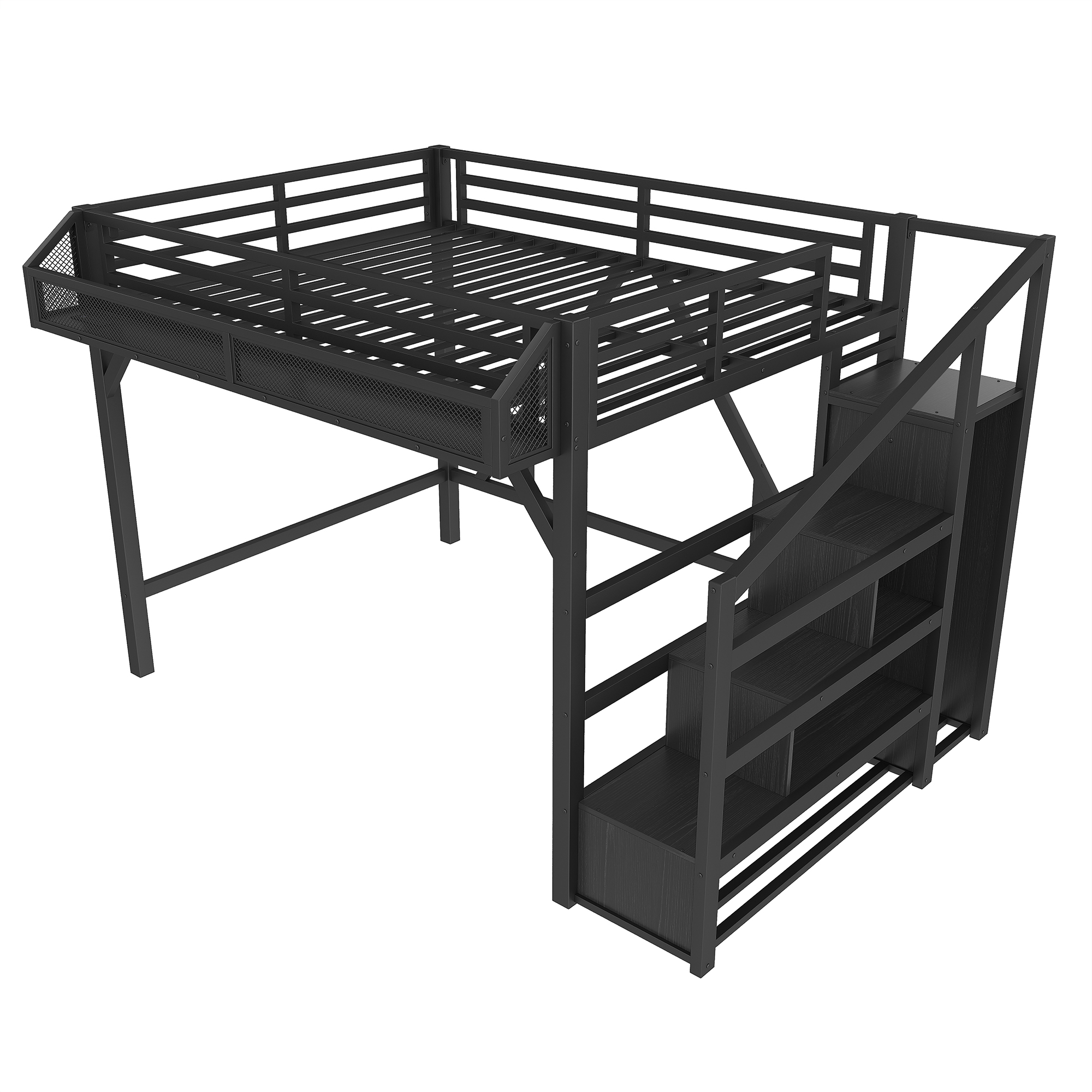 Full Loft Bed with Storage Stairs, Shelves and Built-in Wardrobe, Metal Loft Bed Frame with USB Ports and LED Lights, Noise-reduced Design, Black Woodgrain - Image 6