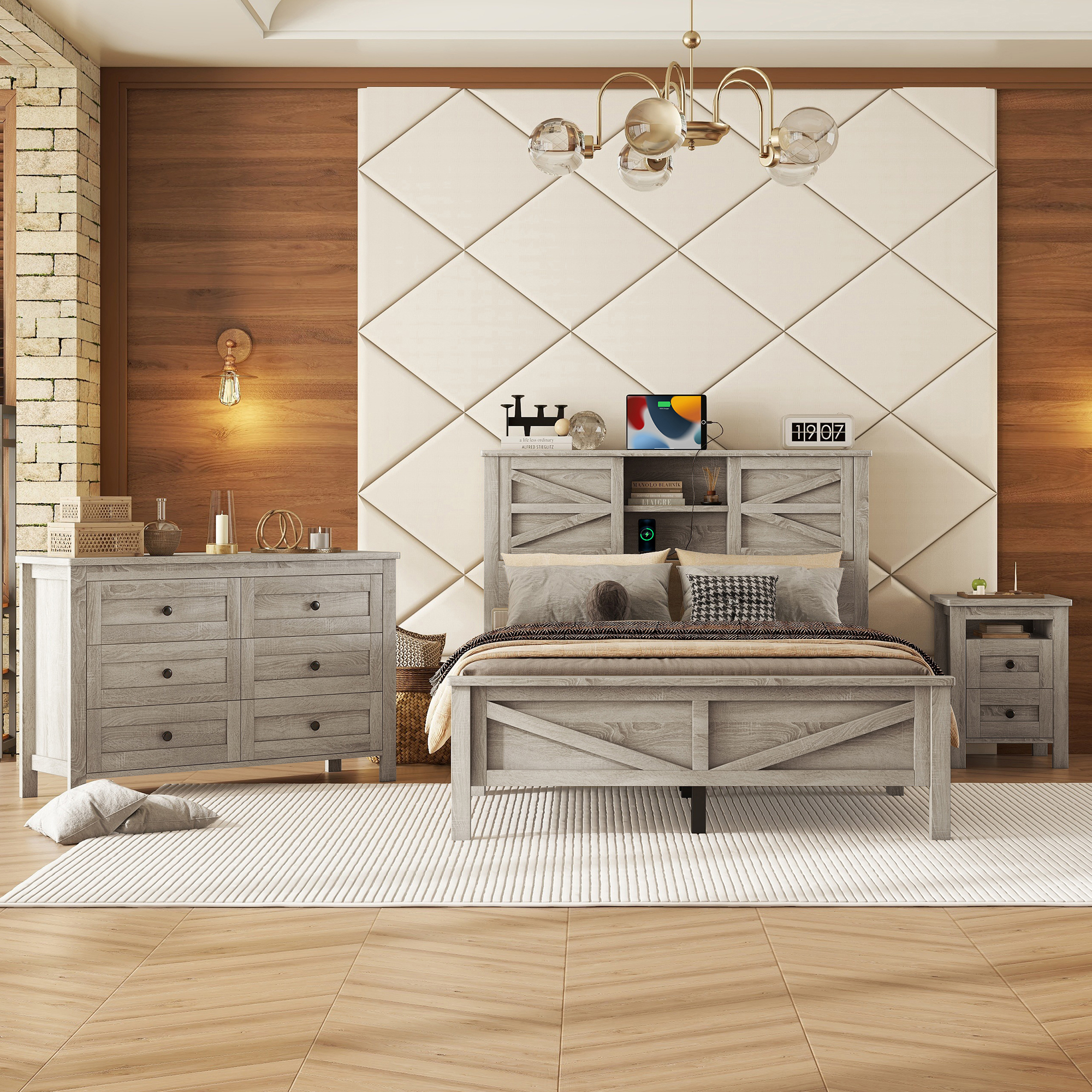 3-Pieces Bedroom Sets Full Size Farmhouse Platform Bed with Double Sliding Door Storage Headboard and Charging Station, Storage Nightstand and Dresser, Antique Gray(Old SKU HL000091AAG) - Image 2
