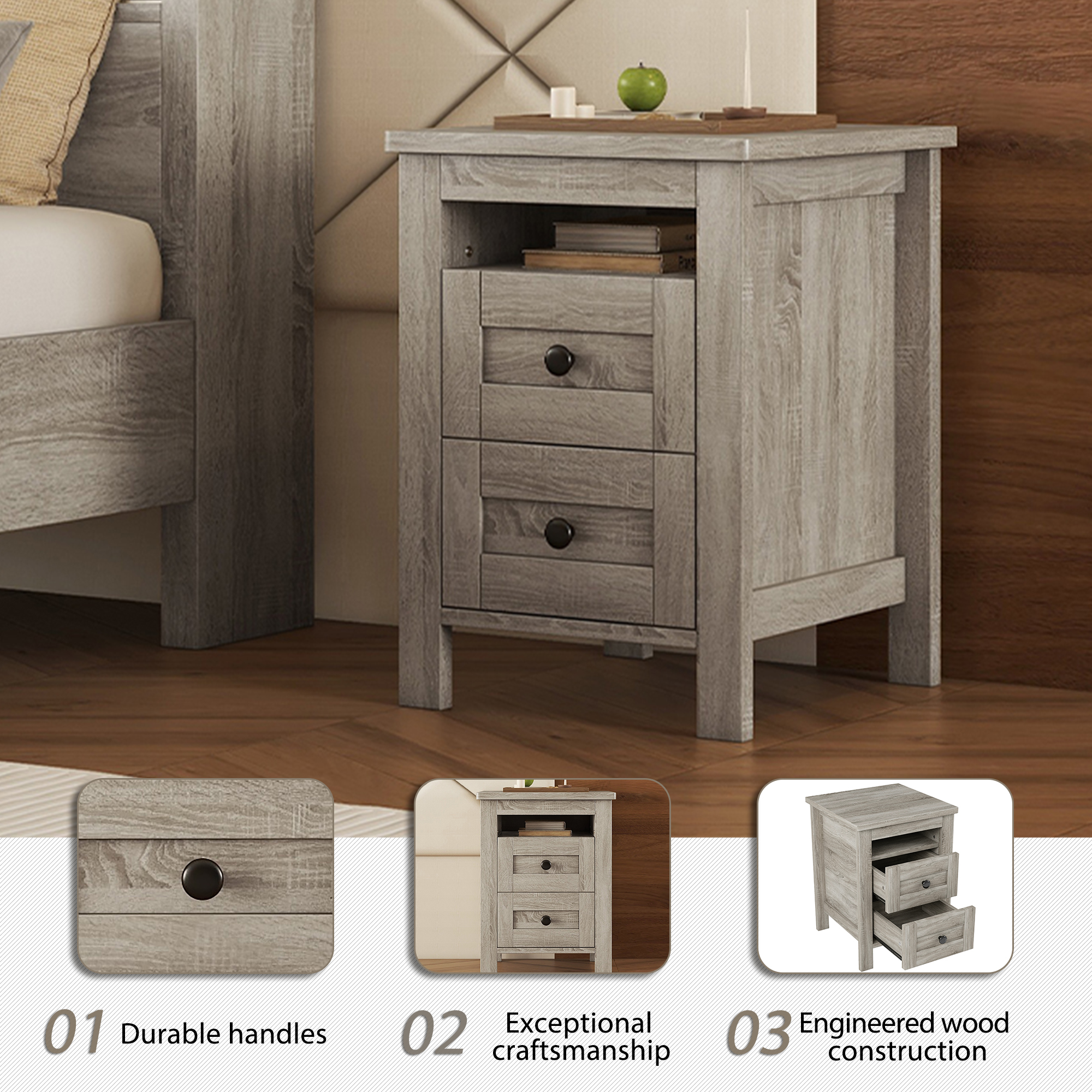 3-Pieces Bedroom Sets Full Size Farmhouse Platform Bed with Double Sliding Door Storage Headboard and Charging Station, Storage Nightstand and Dresser, Antique Gray(Old SKU HL000091AAG) - Image 6