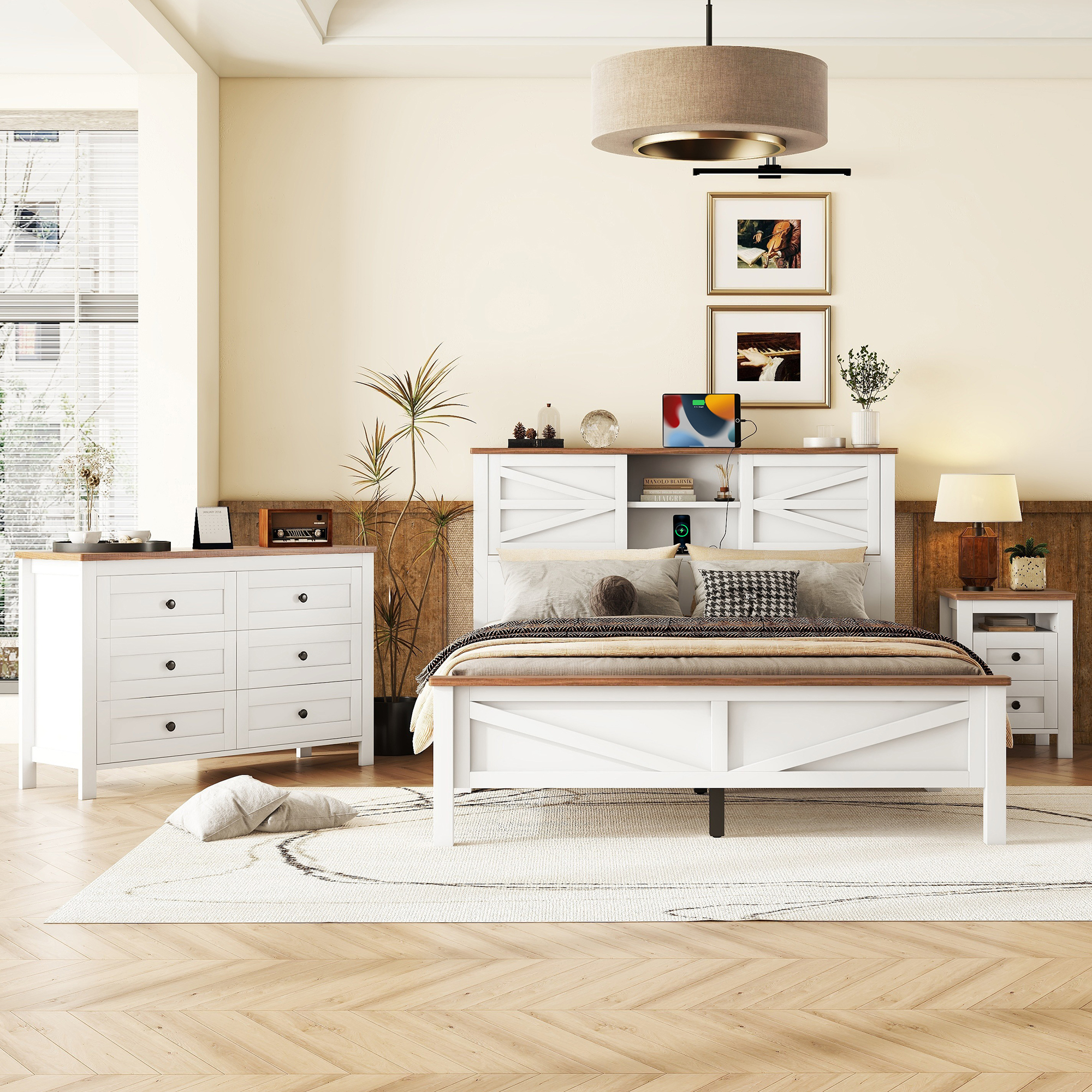 3-Pieces Bedroom Sets Queen Size Farmhouse Platform Bed with Double Sliding Door Storage Headboard, Storage Nightstand and Dresser, White+Brown(Old SKU HL000092AAK) - Image 2