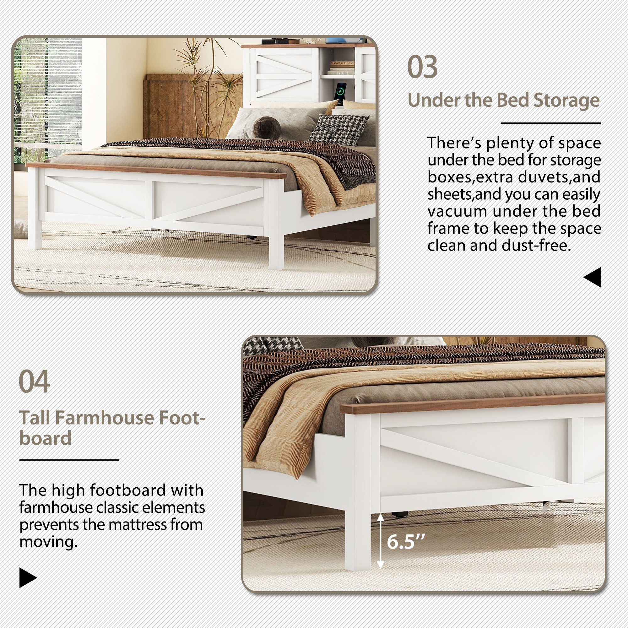 3-Pieces Bedroom Sets Full Size Farmhouse Platform Bed with Double Sliding Door Storage Headboard and Charging Station, Storage Nightstand and Dresser, White+Brown - Image 5