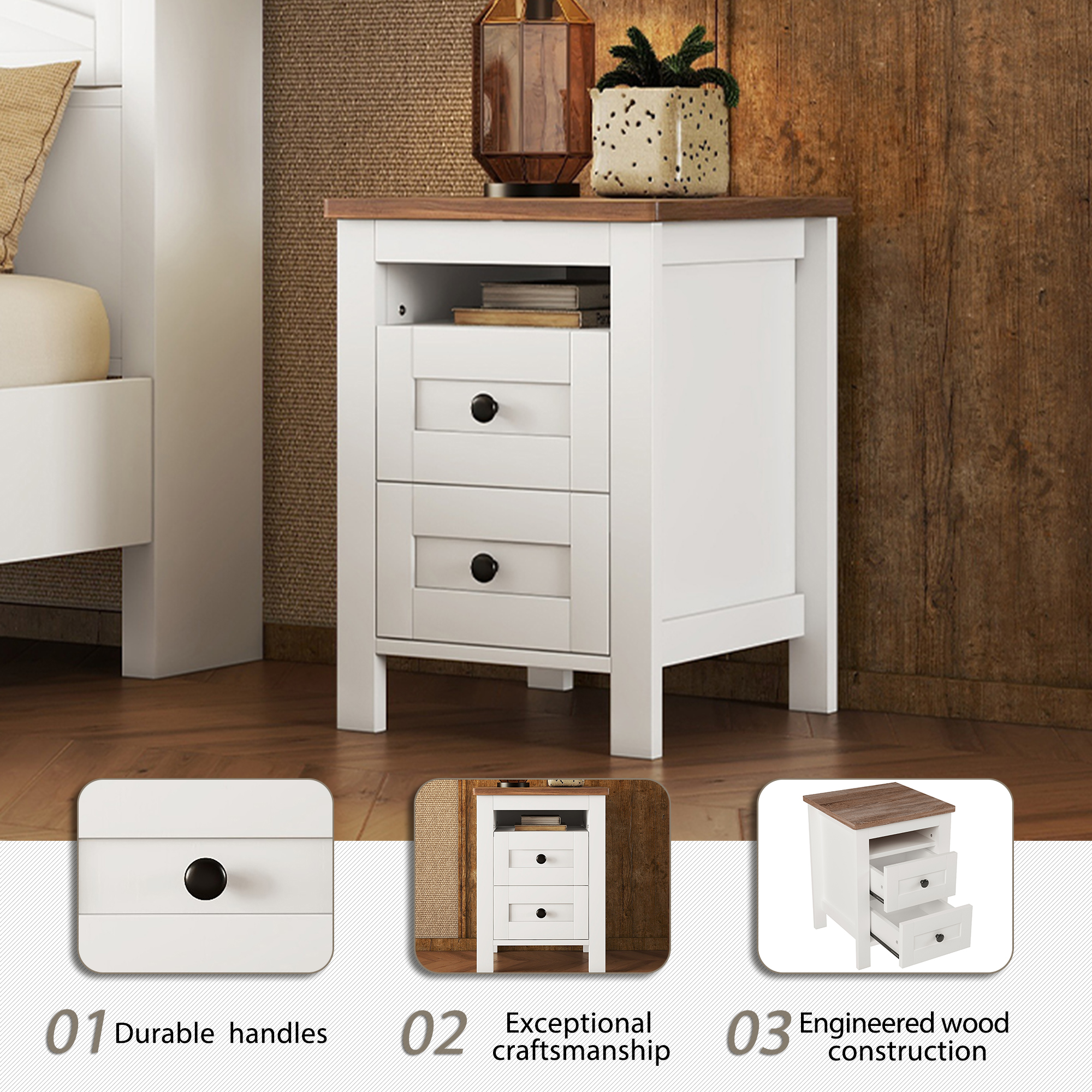 3-Pieces Bedroom Sets Full Size Farmhouse Platform Bed with Double Sliding Door Storage Headboard and Charging Station, Storage Nightstand and Dresser, White+Brown - Image 6