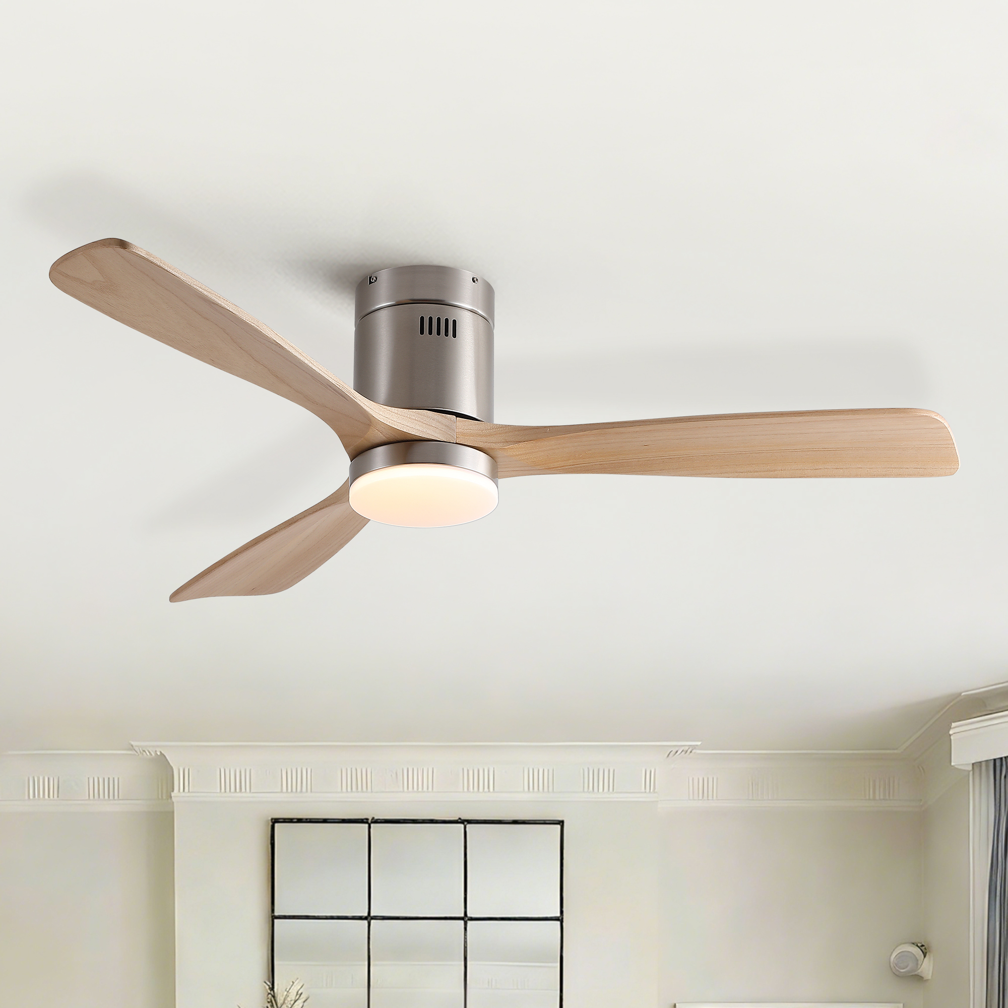 52 inch Mordern Cozy Natural Style Solid Wood Low Profile Flush Mount Intergrated LED Ceiling Fan with Light - Image 2