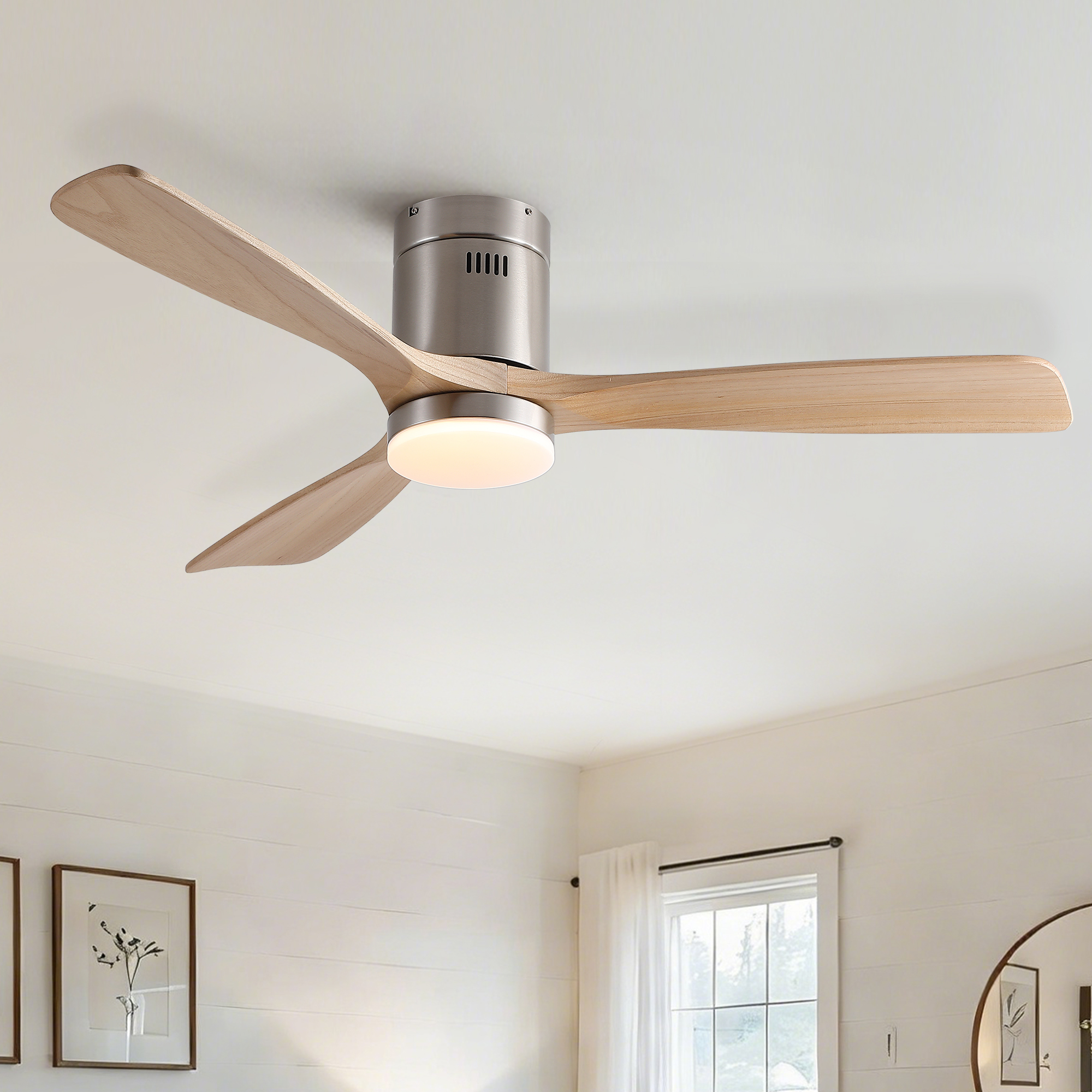 52 inch Mordern Cozy Natural Style Solid Wood Low Profile Flush Mount Intergrated LED Ceiling Fan with Light - Image 3