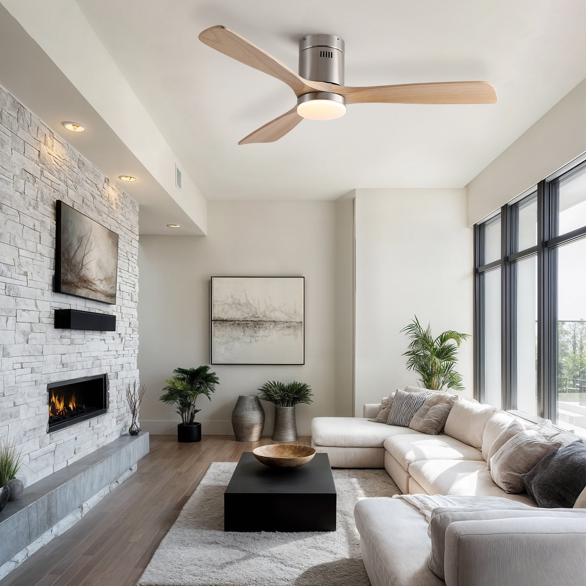 52 inch Mordern Cozy Natural Style Solid Wood Low Profile Flush Mount Intergrated LED Ceiling Fan with Light - Image 4
