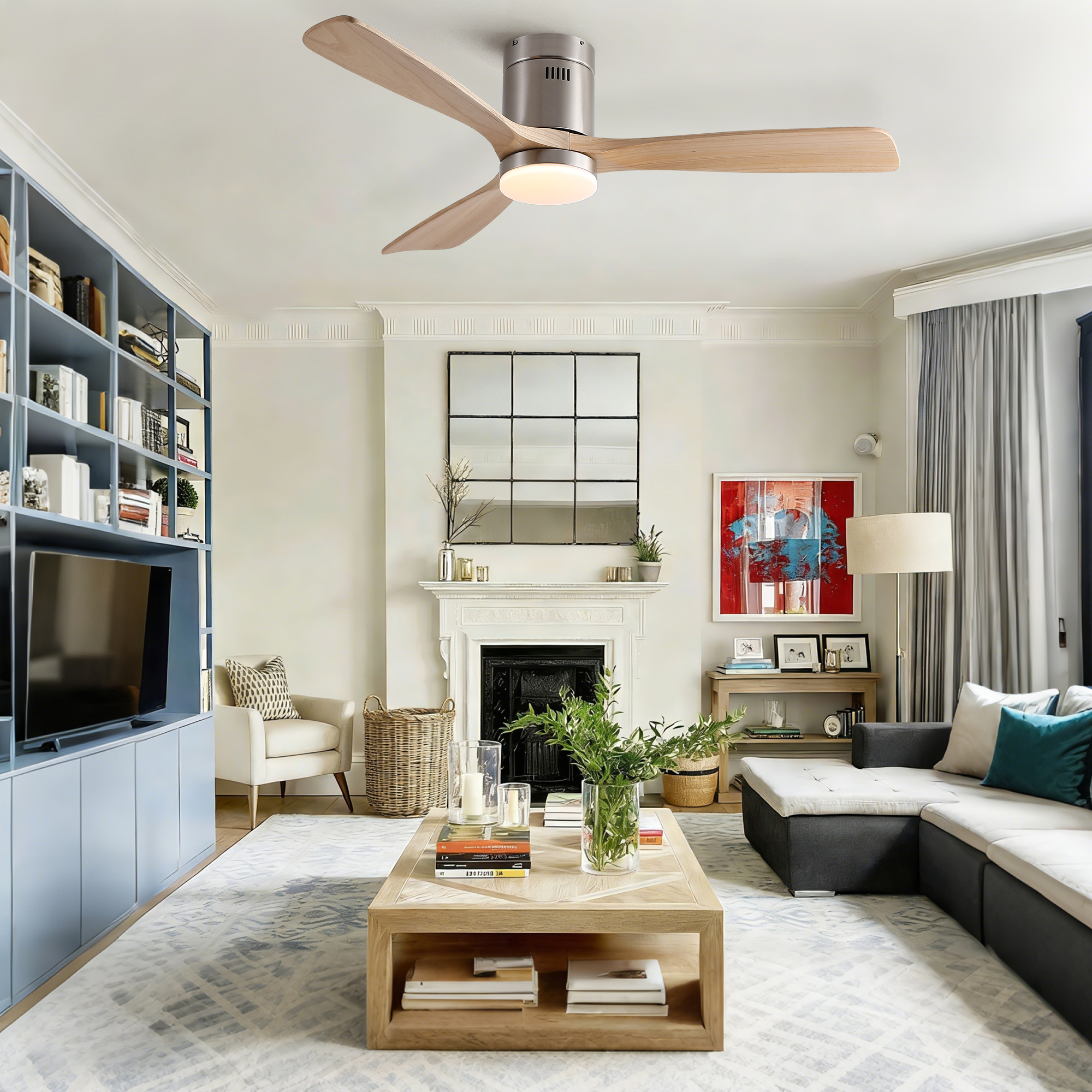 52 inch Mordern Cozy Natural Style Solid Wood Low Profile Flush Mount Intergrated LED Ceiling Fan with Light - Image 5